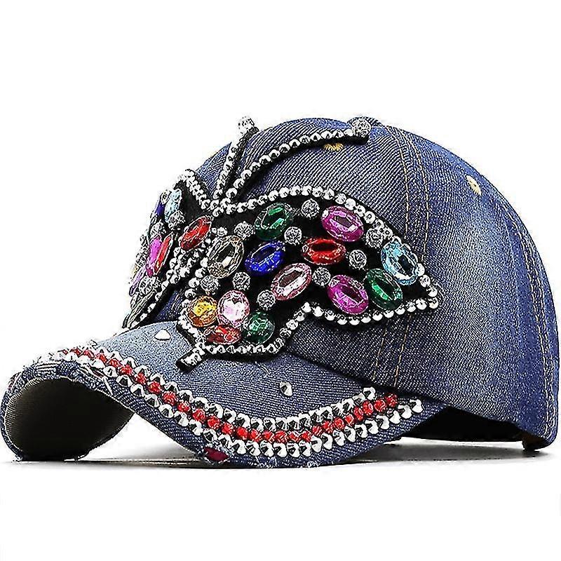 Luxury Diy Baseball Cap Women Full Crystal Colorful Big Butterfly Hat Denim Bling Rhinestone Snapback Caps Casquette Summer Hats