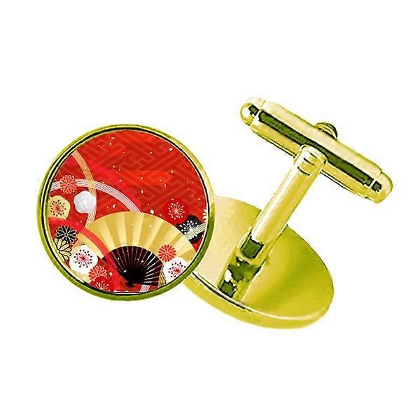 Folding Fan Sakura Geometry Pattern Studded Business Metal Cufflinks Golden