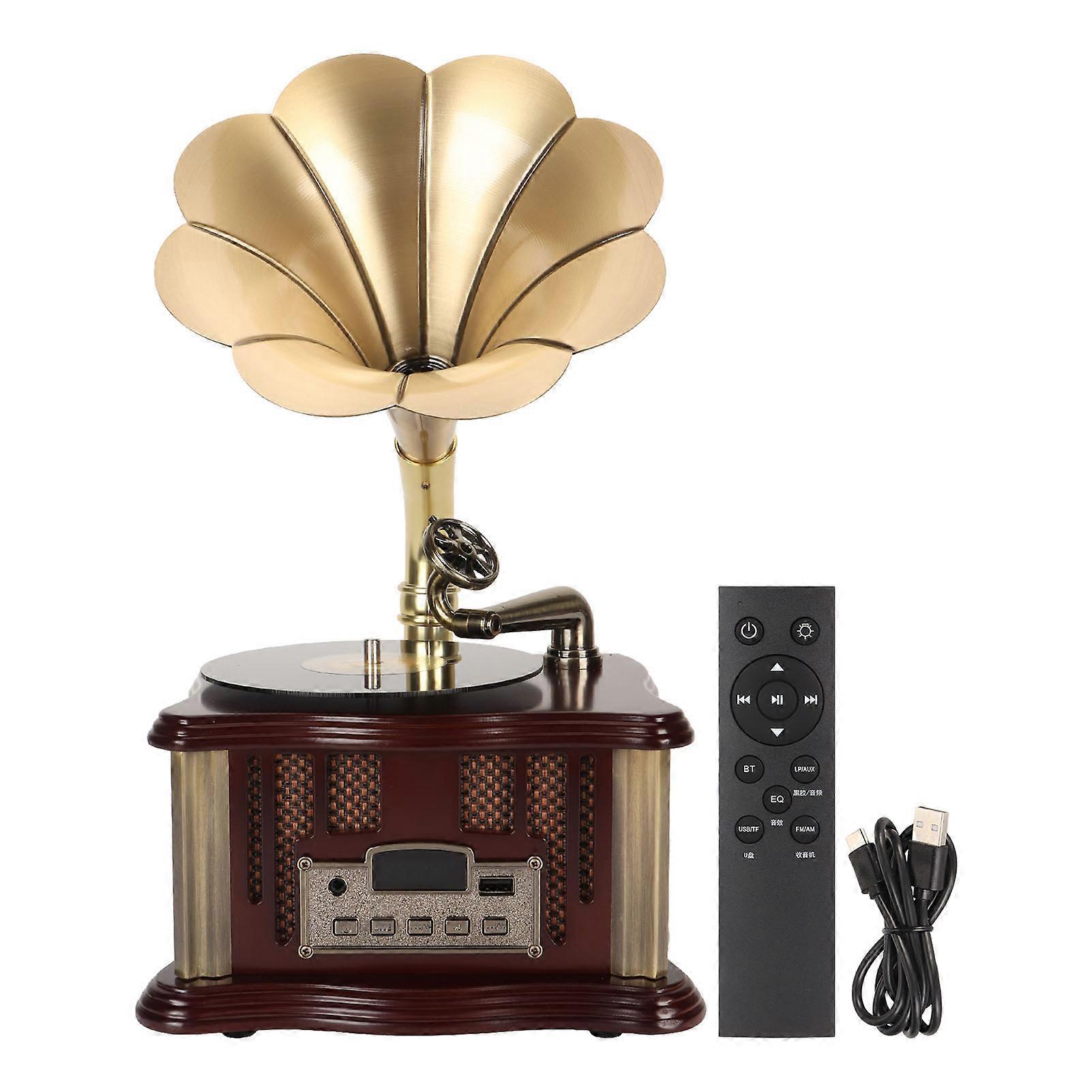 Vintage Gramophone Bluetooth Speaker Type C Rechargeable BT5.0 Mini Retro Phonograph Wireless Speaker with FM Function Coffee