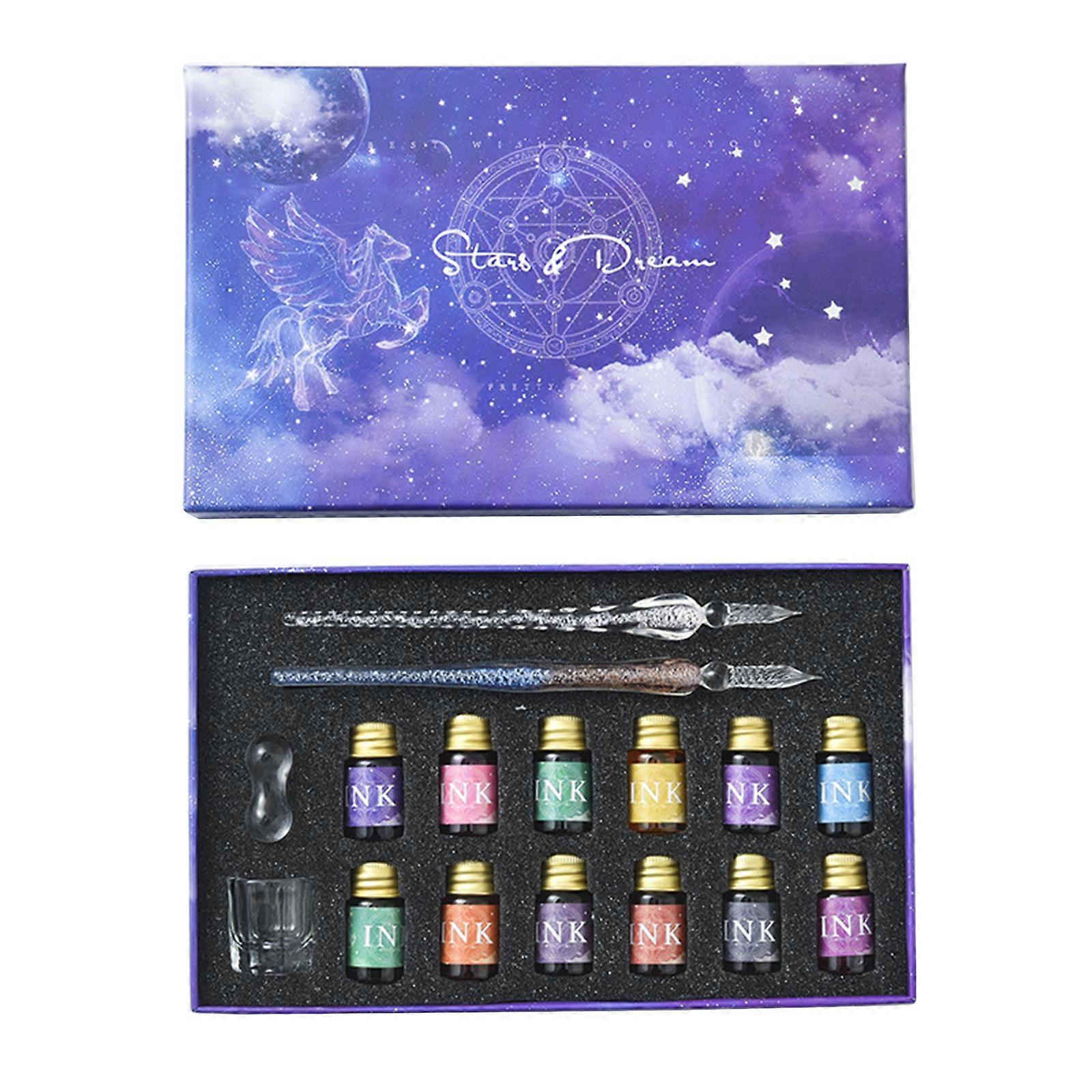 Handmade Gradient Glass Dip Pen Set with 12 Inks for Artists Painters Teachers