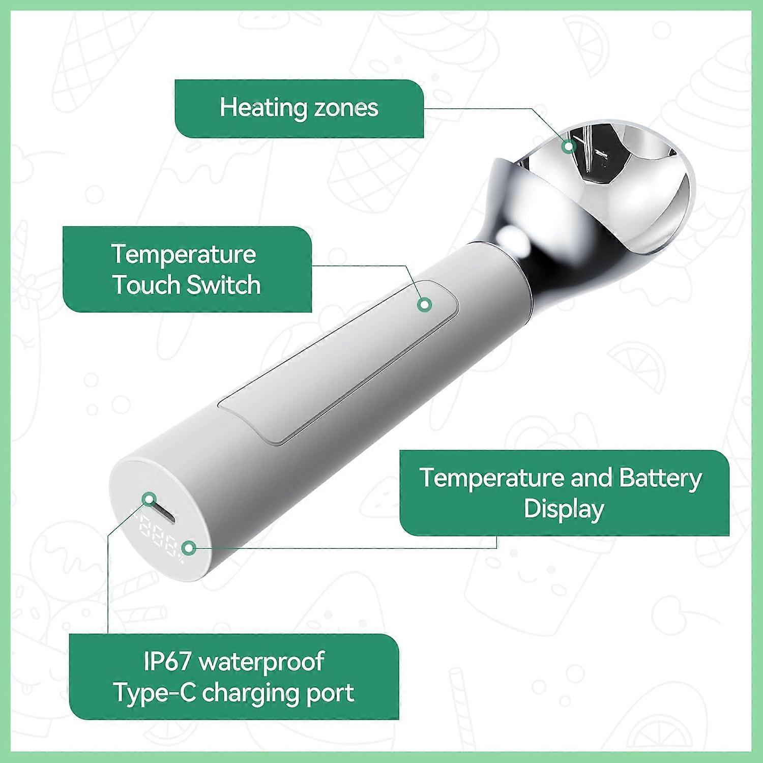 Paletta Per Gelato Elettrica Autoriscaldante, Ricaricabile Con Batteria 1800 MAh, Display LED, IP67, Riscalda Fino A 65°C, In Lega Di Zinco Per Uso Alimentare
