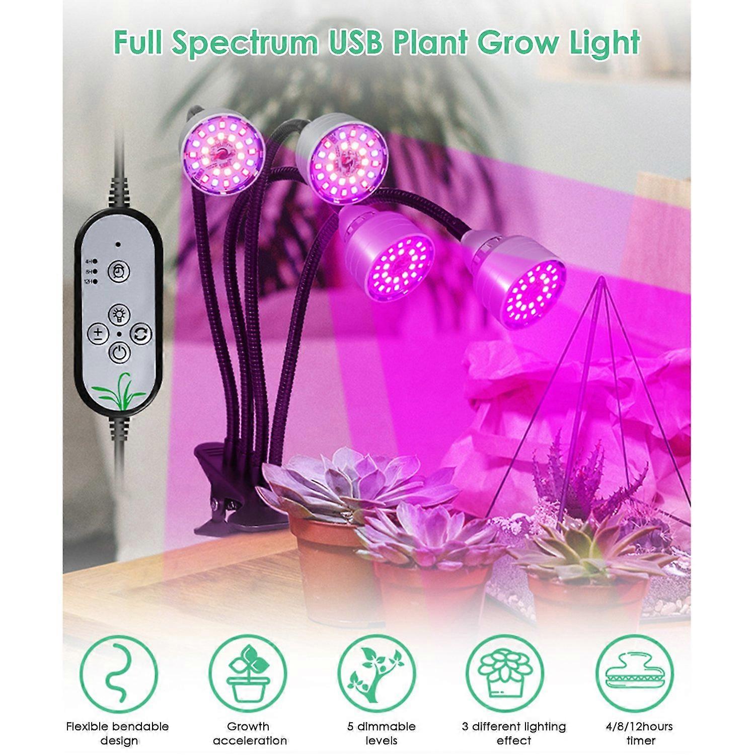 Four H-eads USB Plant Grow Light 104 LEDs Full Spectrum Adjustable Desktop Clamp Growing Lamp for In