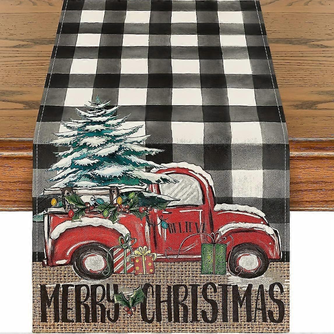 1pc, Linen Table Runner, Merry Christmas Theme Table Runner, Buffalo Plaid Red Truck Pattern Table Cover, Christmas Atmospheric Table Runner, Holiday