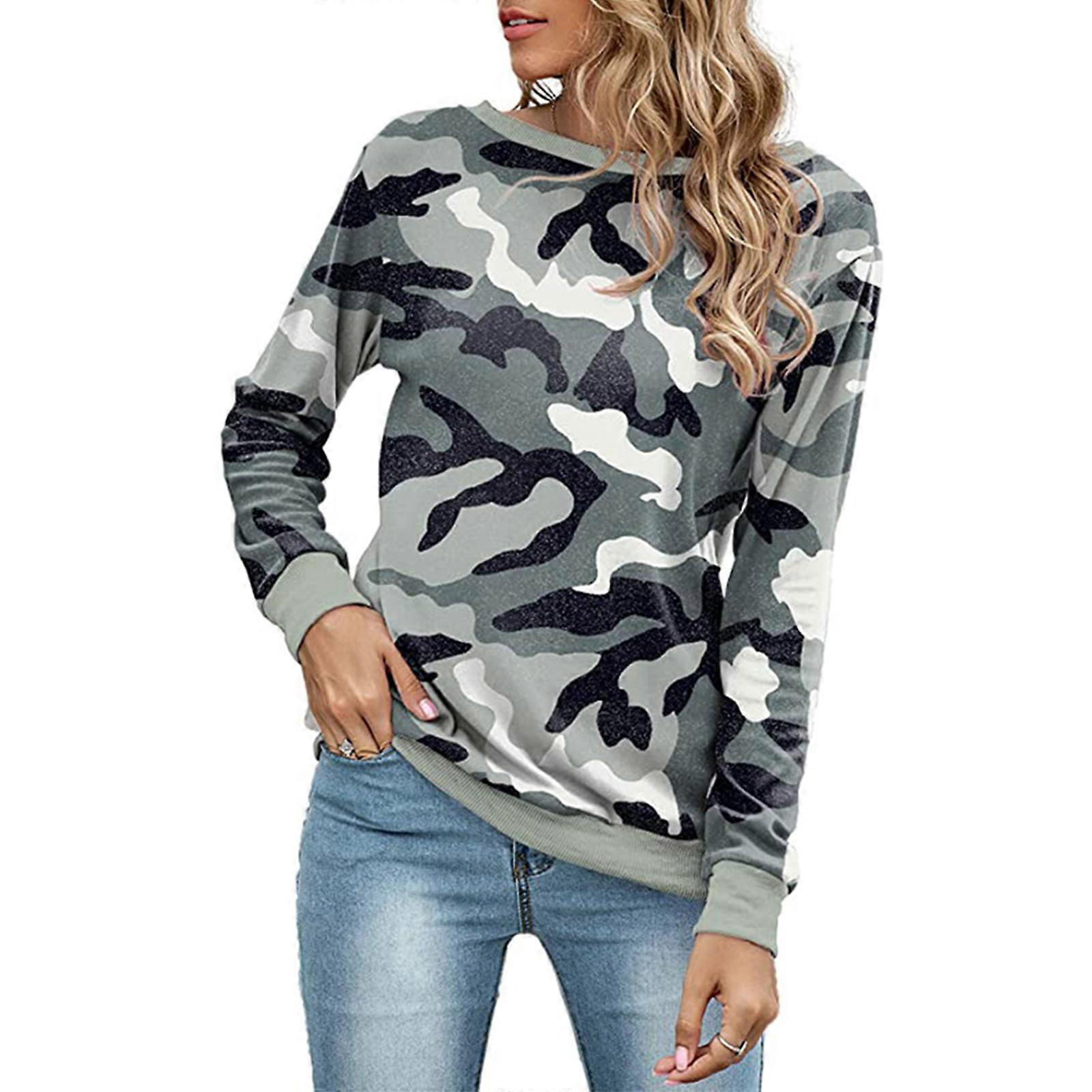Damen Langarm Sweatshirt mit O-Ausschnitt Camouflage Print Casual Loose Pullover Tops Grau XL