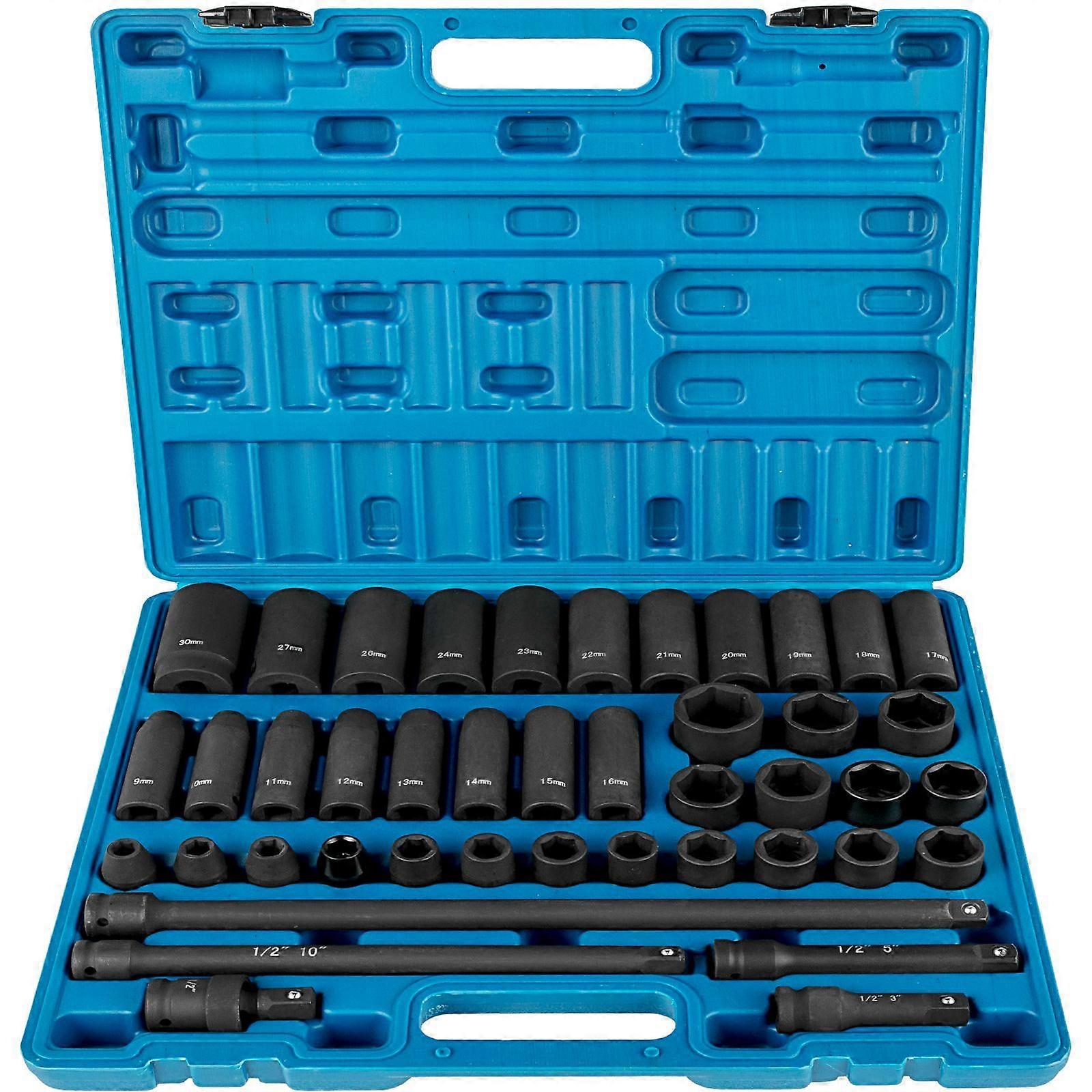 Impact Socket Set 1/2 Inches 43 Piece Impact Sockets,1/2 Inches Drive Socket Set 6-Point Sockets Metric 9-30mm (Standard/Deep)