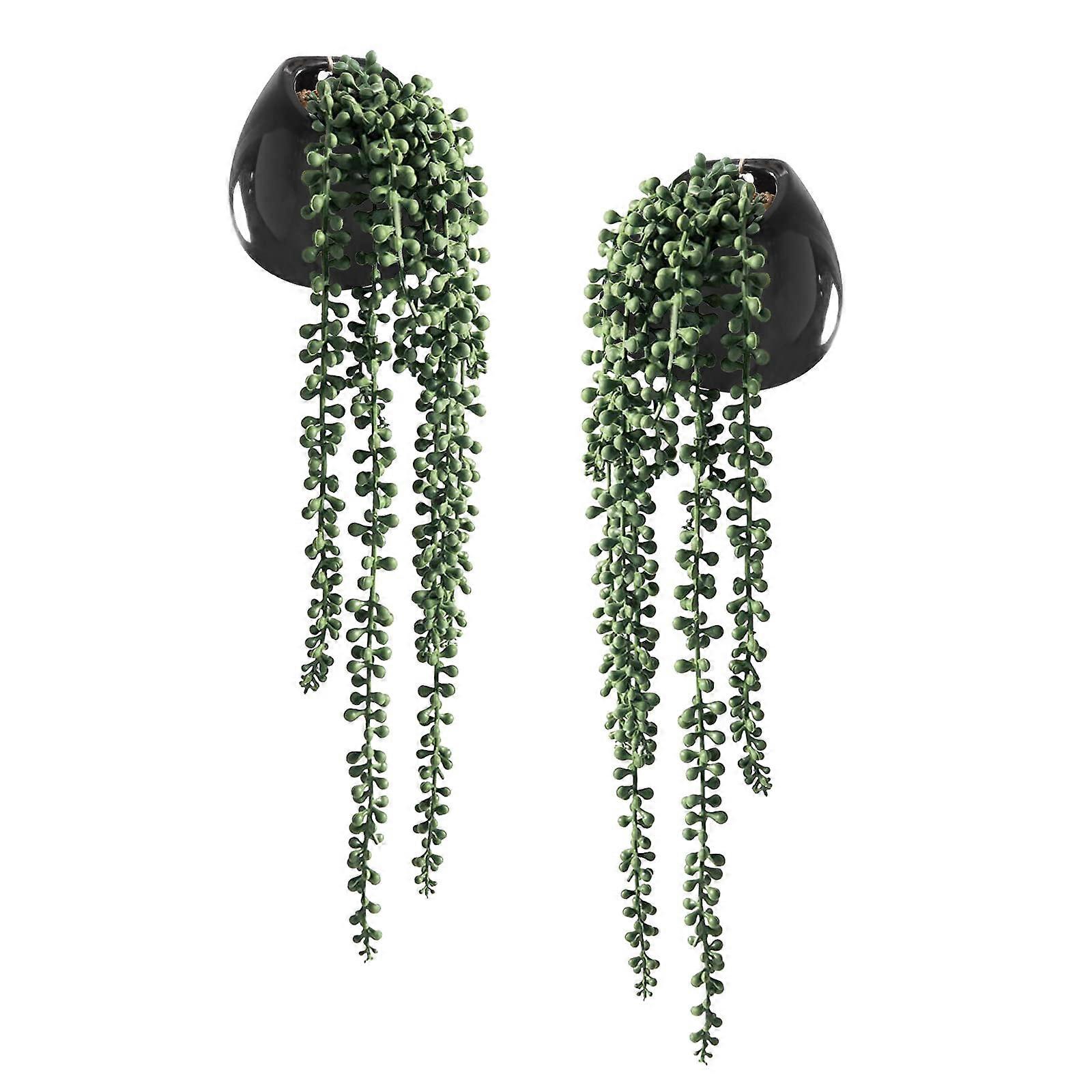 Artificial Hanging Plants Faux Succulents In Pots String Of Pearls In Black Ceramic Pots Set Of 2 Home Office Decor