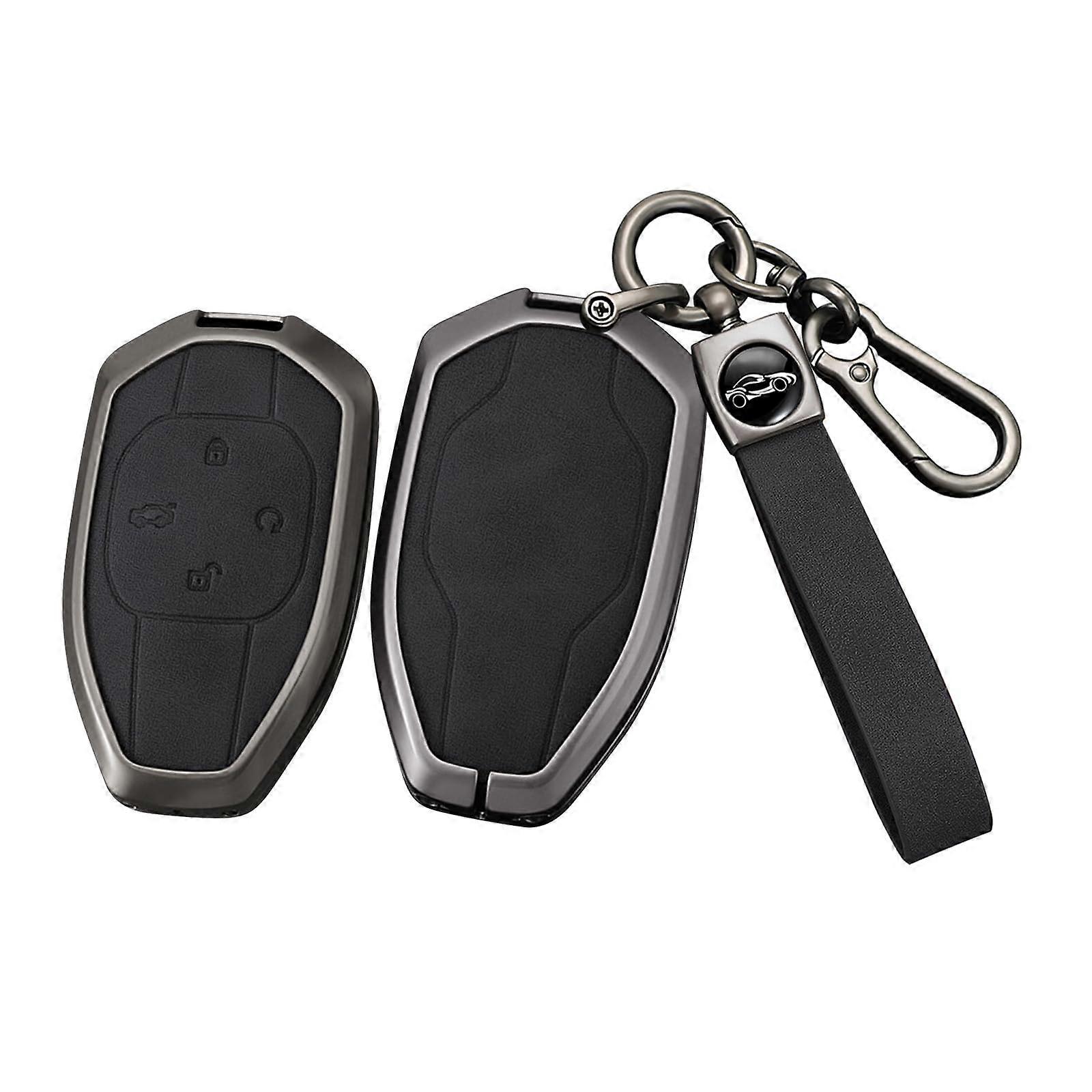 Metal Leather 4 Button Key Fob Cover Fit for GAC Empow J11 GS8 J12 GM6 Trumpchi Accessories Keyless Key Case with Leather Keychain Black