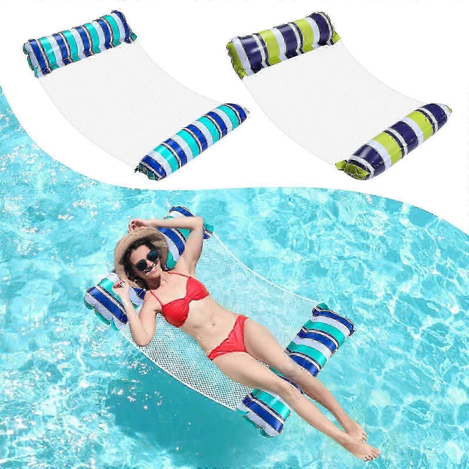 2 Pack Water Hammock Inflatable Pool Hammock Chair, 4 in 1 Floating Lightweight Chair Inflatable Mattress, Portable(Blue & Green)