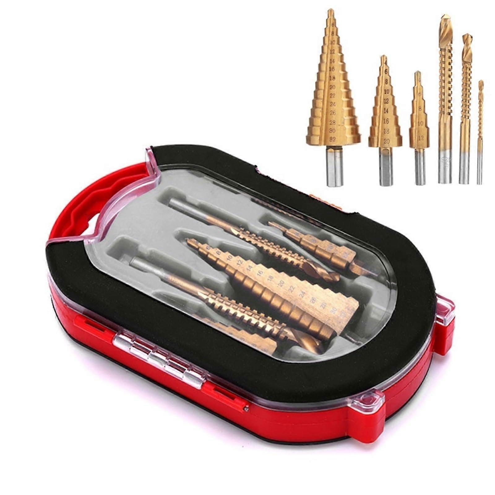 6PCS HSS Steel Step Drill Bit Set for Metal and Wood Core Drilling - Sizes 4mm to 32mm, Cone Shape, Compatible with Power Tools