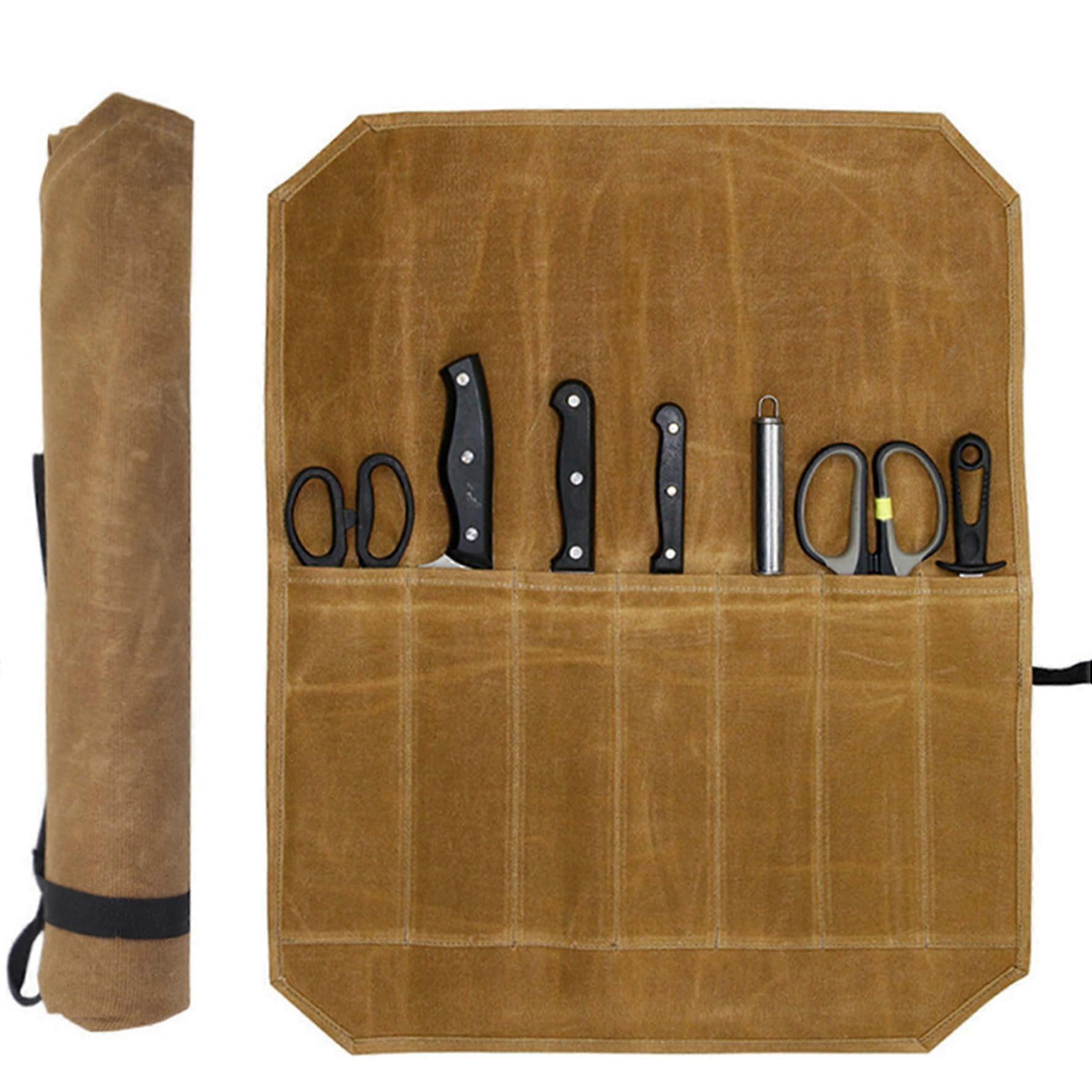Messerbrötchen, 7 Slots waterproof canvas Chef knife bag, portable rollup cutlery case for camping picnic outdoors. Ref: 2665