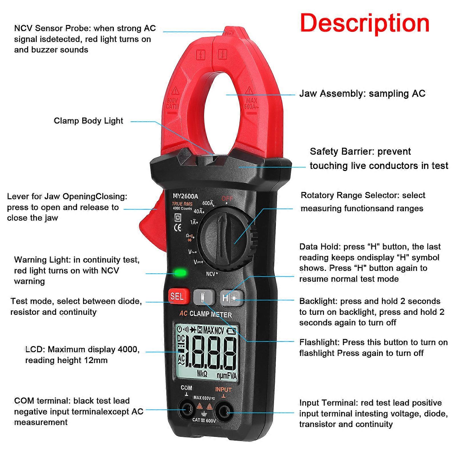 Digital Clamp Meter Multifunction 600V Voltmeter Tester Amp Volt Meter NCV Test Current Resistance Diodes Continuity Measurement Device