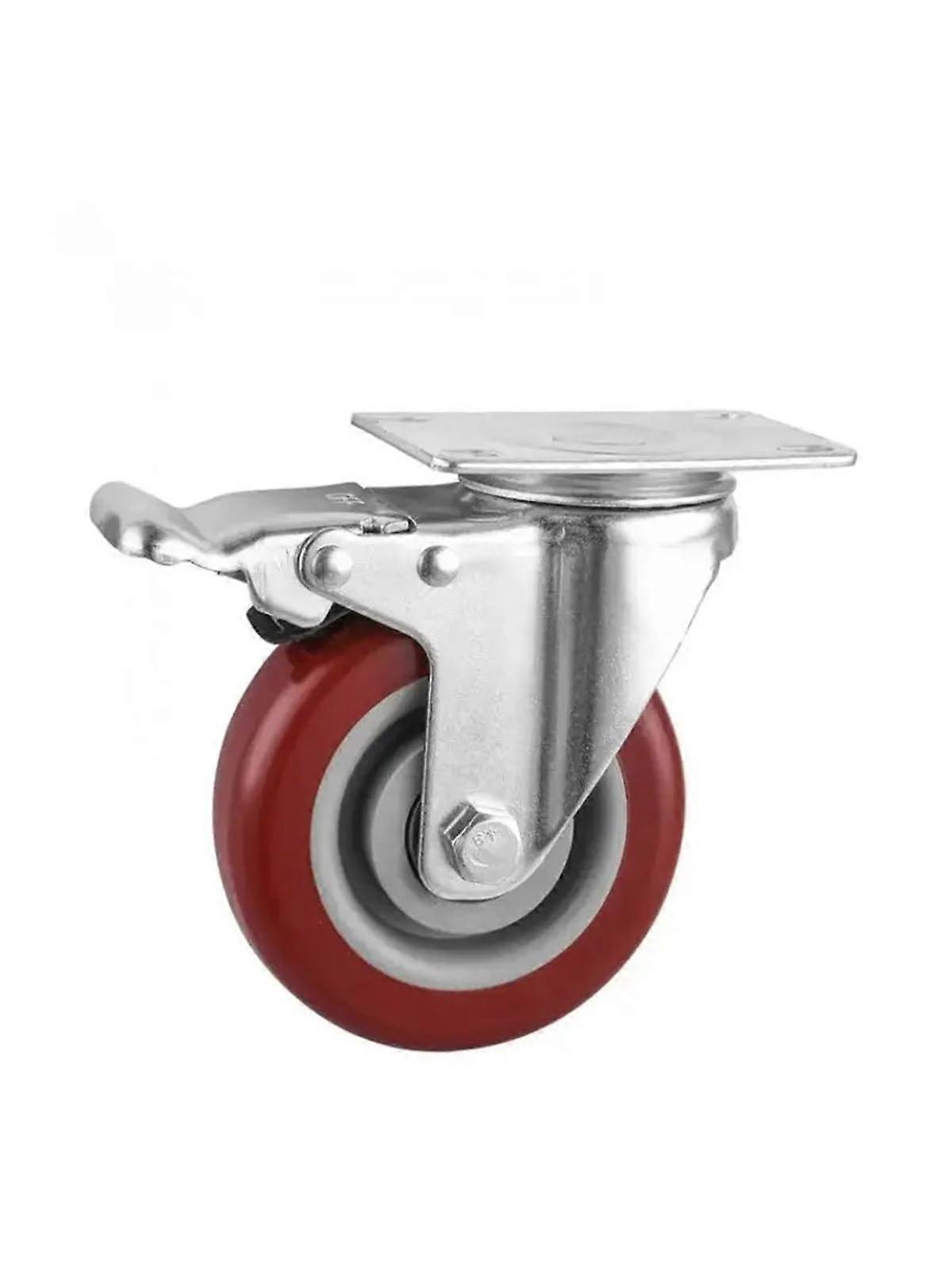 Suitable for doublebearing, wearresistant, and quiet PVC rollers, onepiece 4inch universal wheel with brake, jujube red.