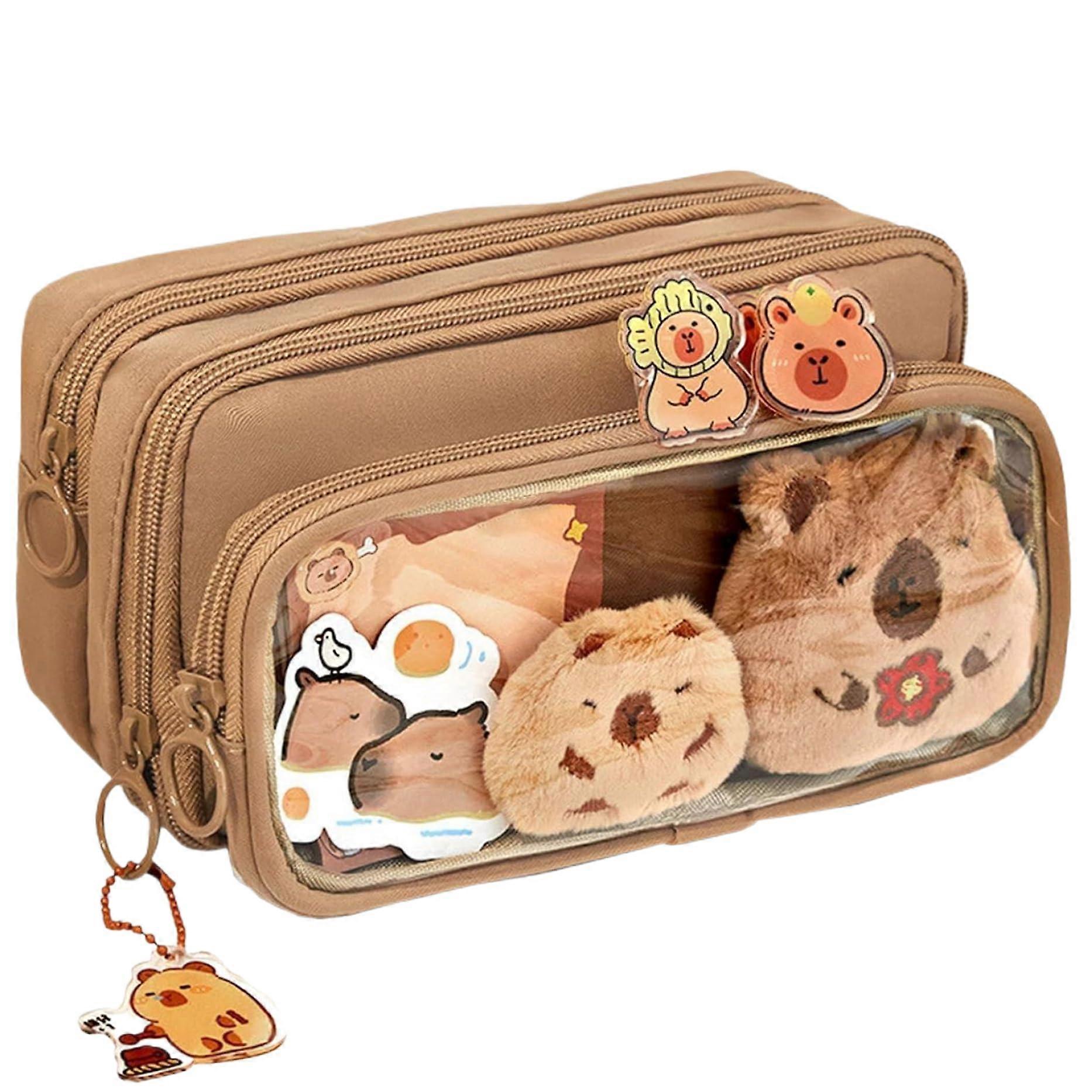 Cute Pencil Case, Capybara Pencil Case, Capybara Bag with 10 Compartments, Removable Kawaii, Zip with Pens, Plush, Stickers, Pouch, Coffee
