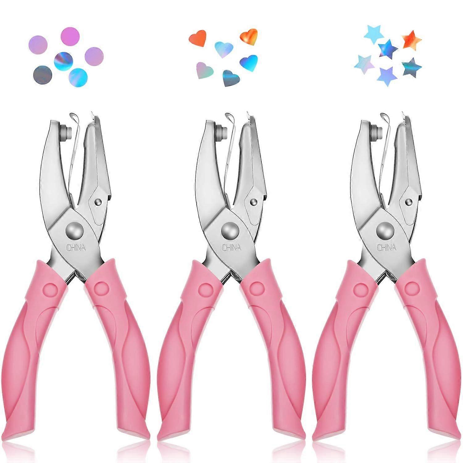 3-piece metallic hole punch with soft grip and 0.25" round, 0.2" heart-shaped holes for crafts, labels, clothing, tickets and scrapbooking