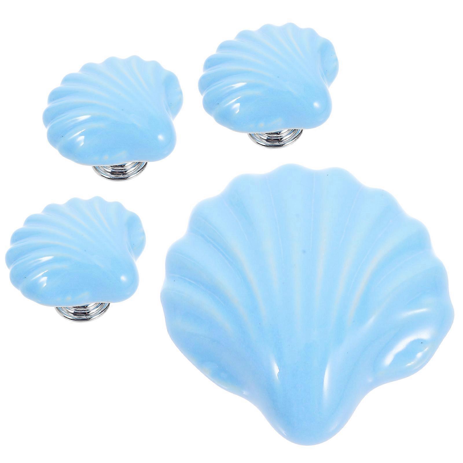 4pcs Blue Ceramic Shell Pull Handles for Cabinet Drawers, Durable Solid Base Furniture Door Knobs, Unique Sea Style Kitchen Cupboard Hardware for