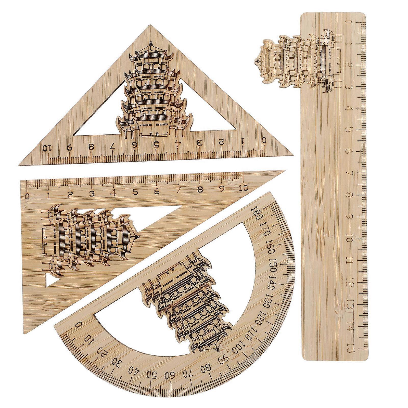 Ruler Set Bamboo Measuring Tools For Students Protractor Straight Ruler Geometry Math 4Pcs