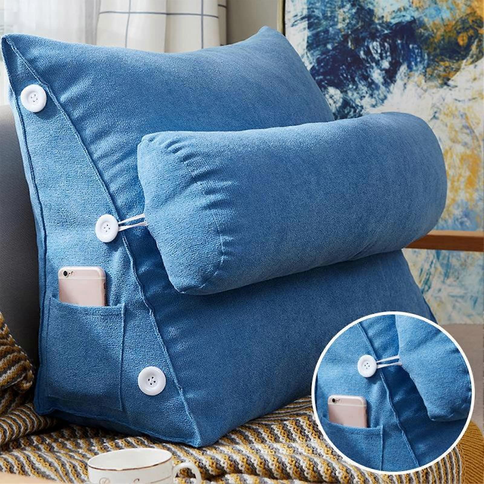 Blue Bed Wedge Reading Pillow Back Support Cushion with Removable Neck Roll, 60x50x22 cm