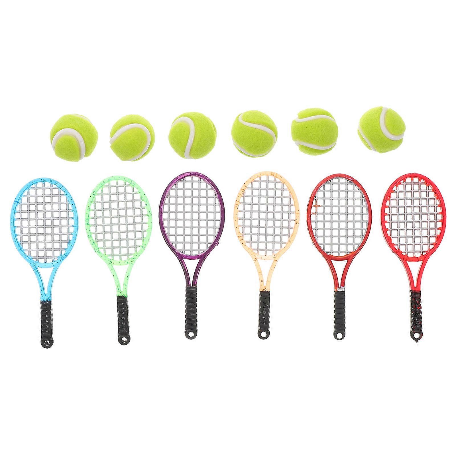 Mini Tennis Racket And Ball 1:12 Scale Dollhouse Sports Decoration Assorted Color Versatile Usage 6 Sets