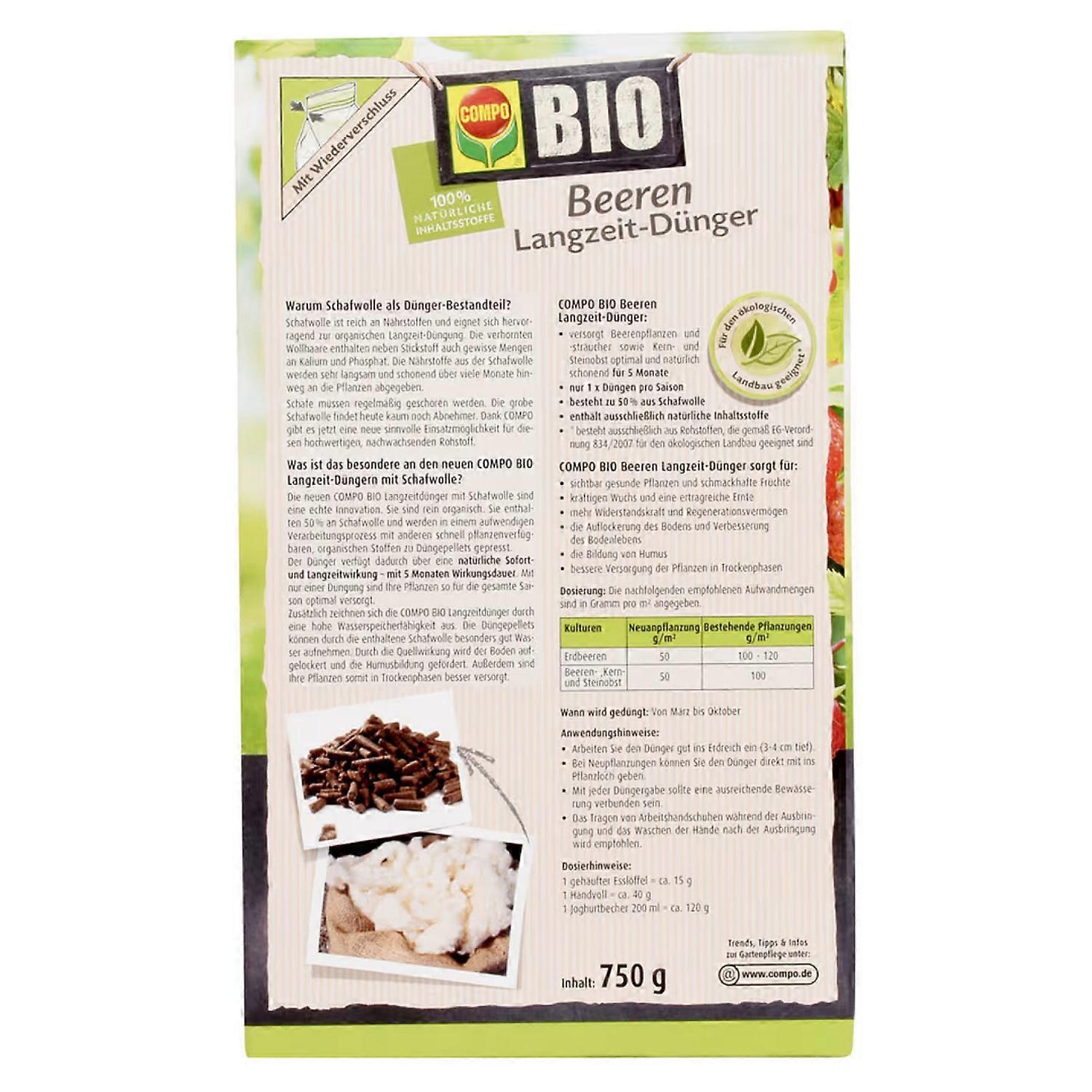 2 x COMPO BIO Slow Term Berry and Fruit Fertiliser with Sheep's Wool, 750 g