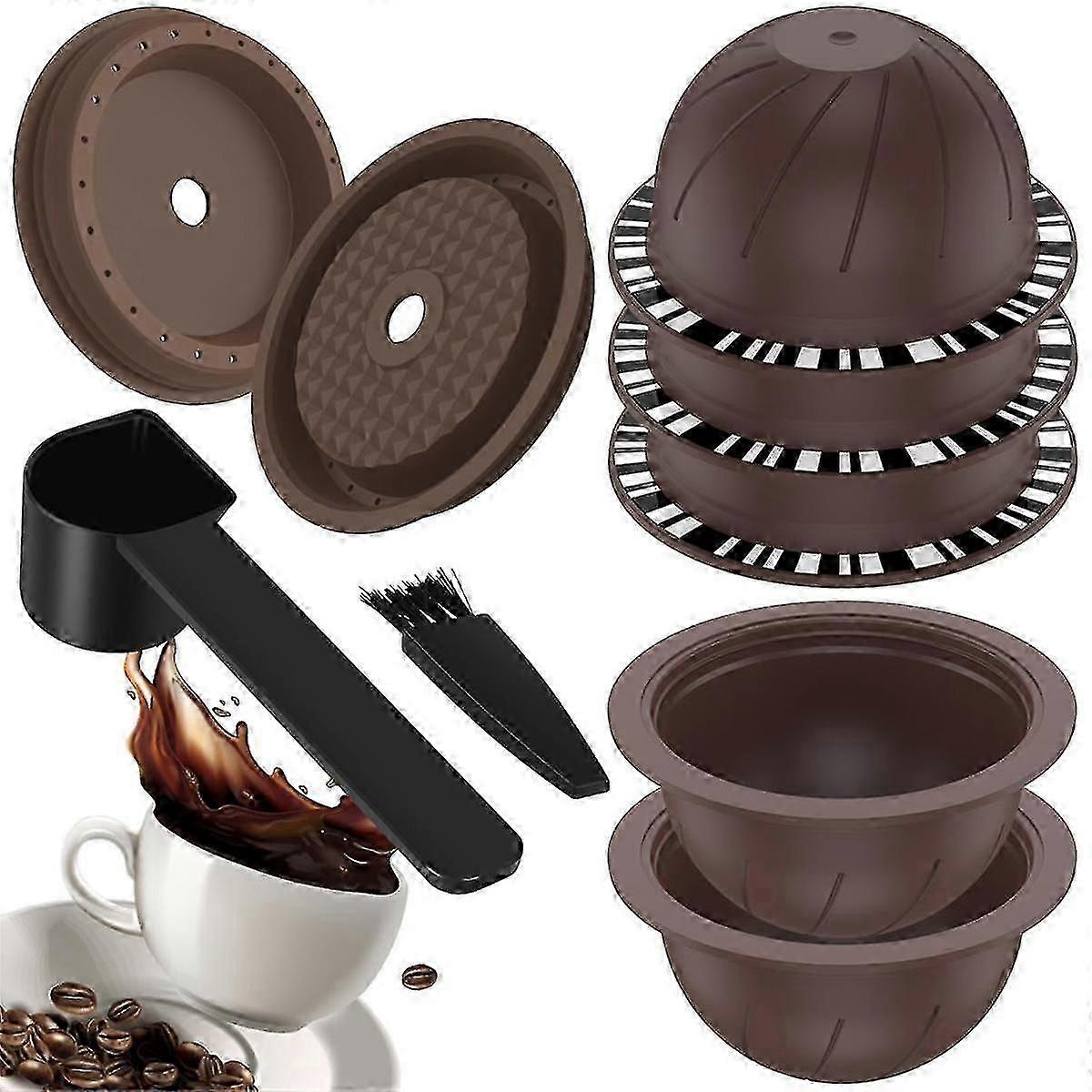 5pcs Reusable Vertuo Pods for Coffee Machine - Capsule with 2 Silicone Lids 1 Spoon and Brush (150ml)