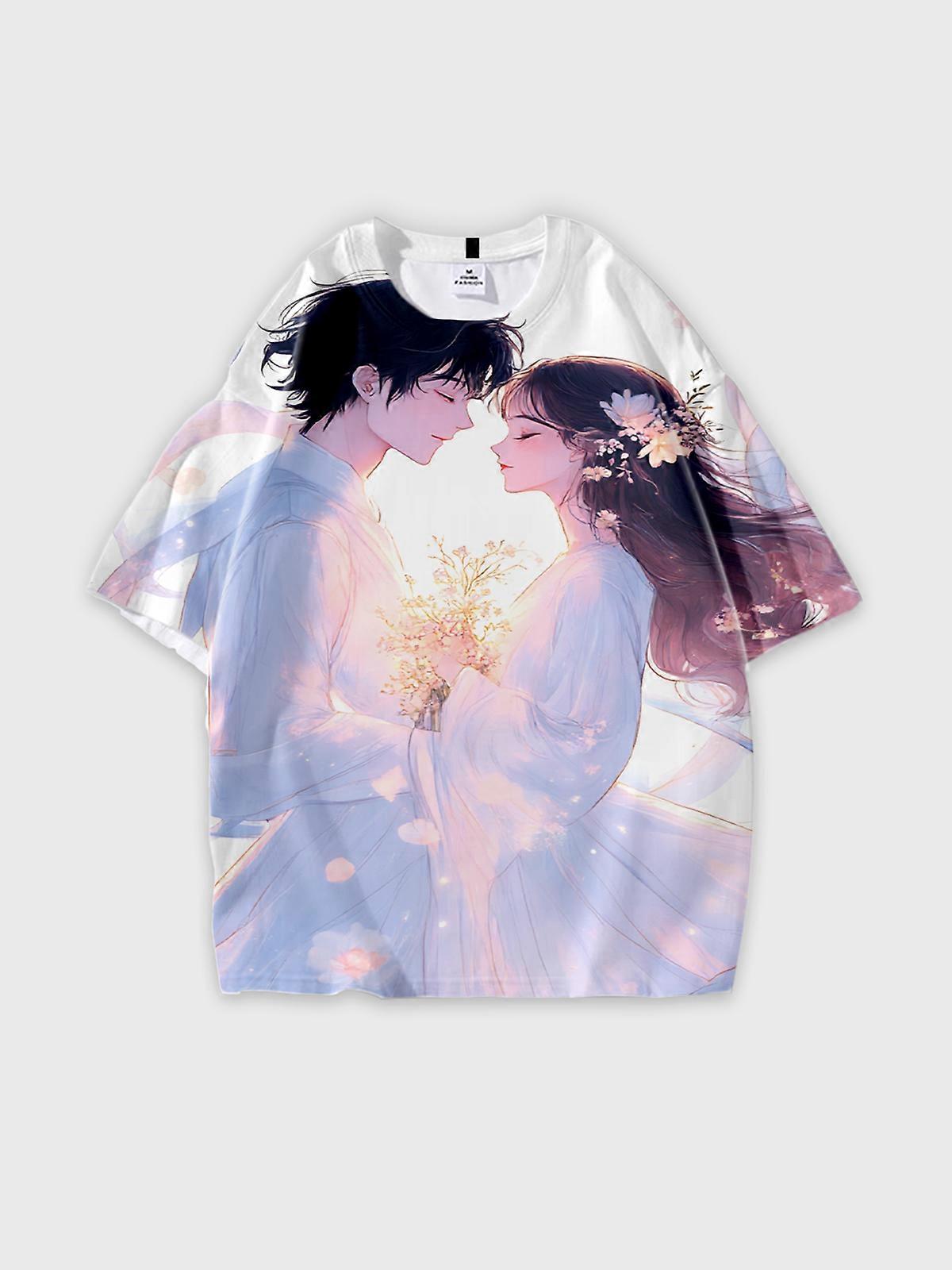 T-Shirt Round Neck, Loose Short Sleeve Pattern Graphic Tee, Unisex Summer Casual Top V2341
