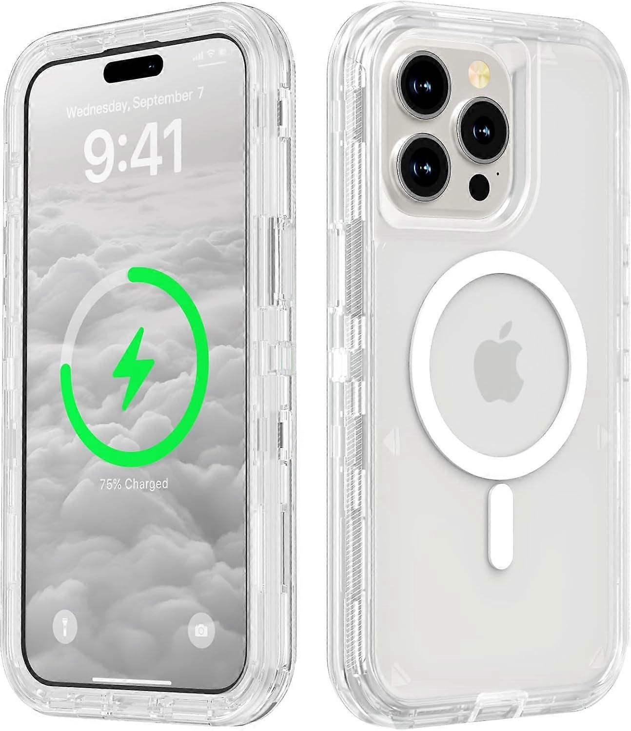 Compatible with iPhone 14 Pro & iPhone 13 Pro Transparent Case, Triple Layer Magnetic Charging Case, Shockproof Drop-Proof Design