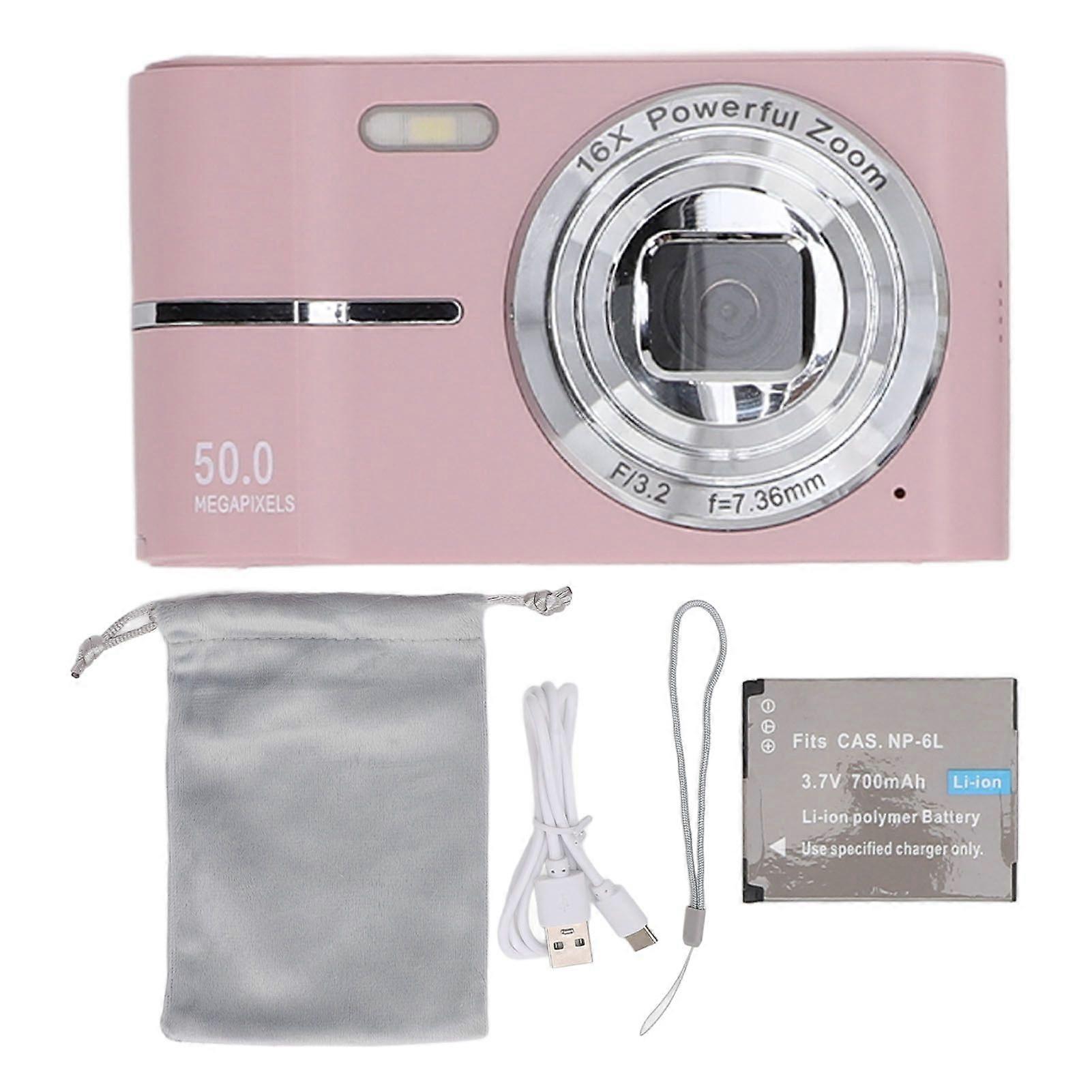 Pocket Digital Camera FHD 1080P 50MP Support AF Autofocus 16X Zoom Students Portable Compact Small Video Cam Pink