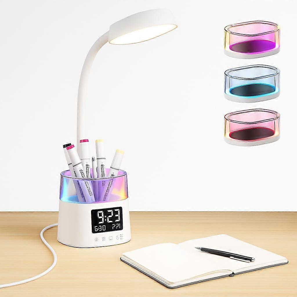 LED desk lamp, pen holder with RGB lighting (3 colors), adjustable brightness, and clock