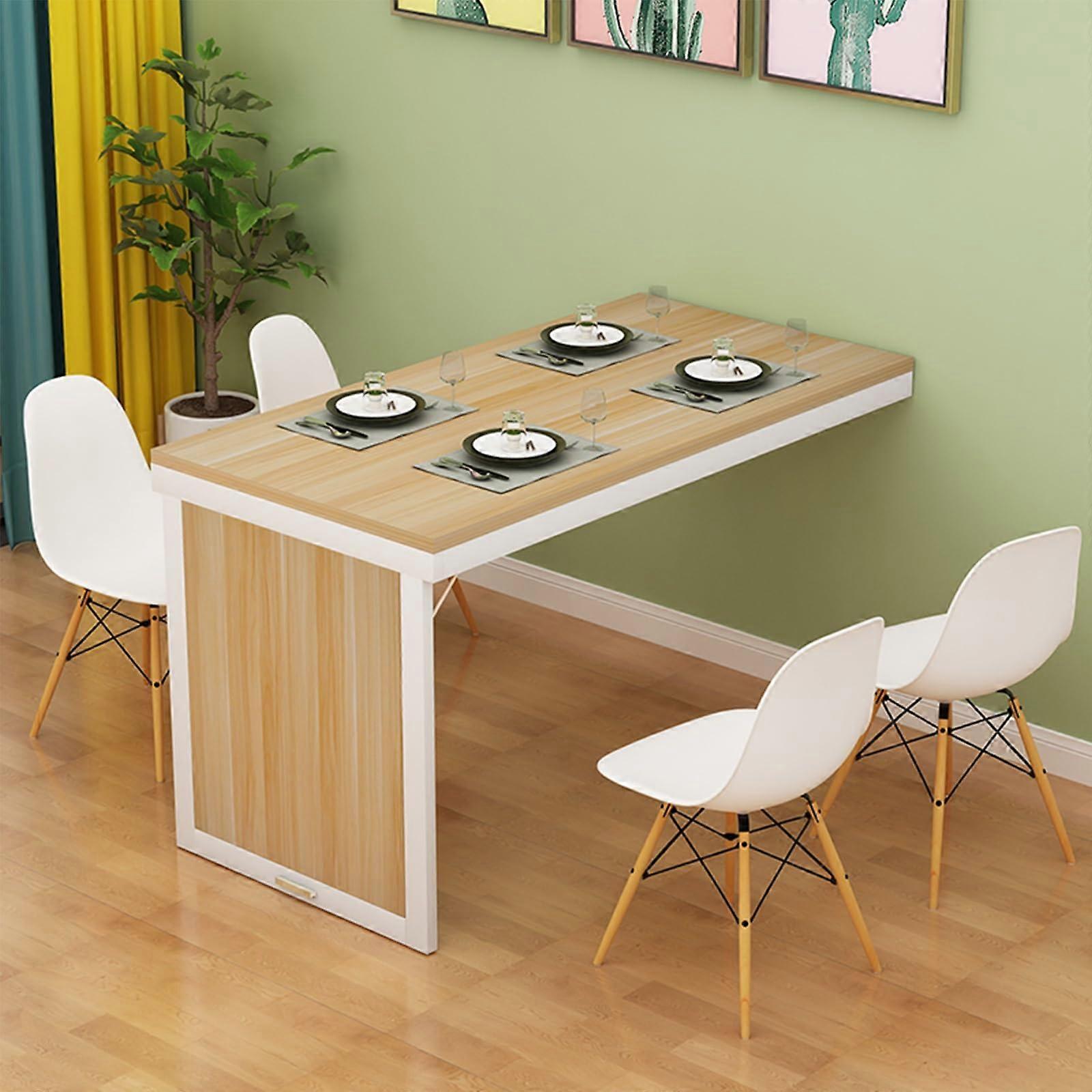 Invisible Telescopic Folding Wall Table, Wooden SpaceSaving DropLeaf Dining Table, Light Walnut White Finish