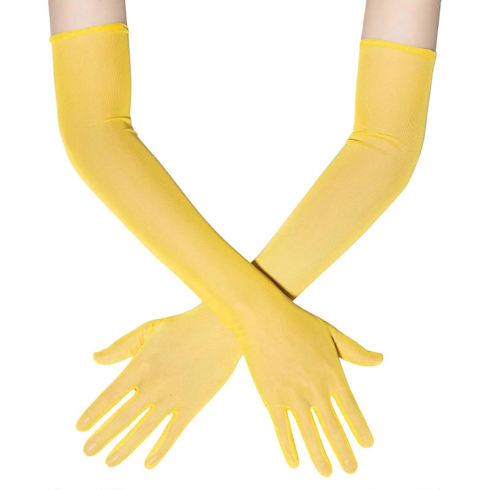 Eleganti guanti estesi in tulle trasparente, comode maniche elastiche per le donne, occasioni formali e outfit casual, giallo