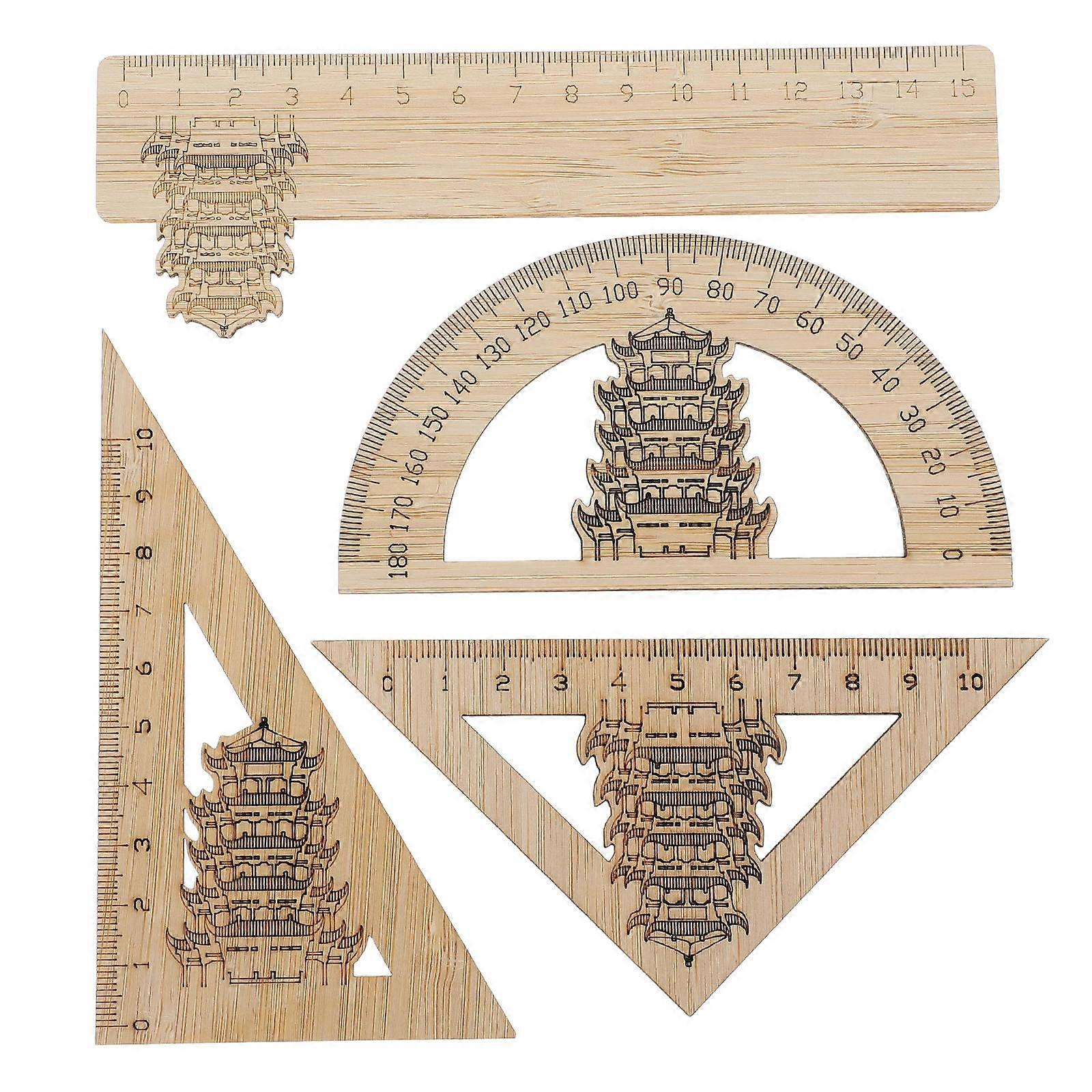 4Pcs Bamboo Measuring Tools Set for Engineers with Yellow Crane Tower Pattern