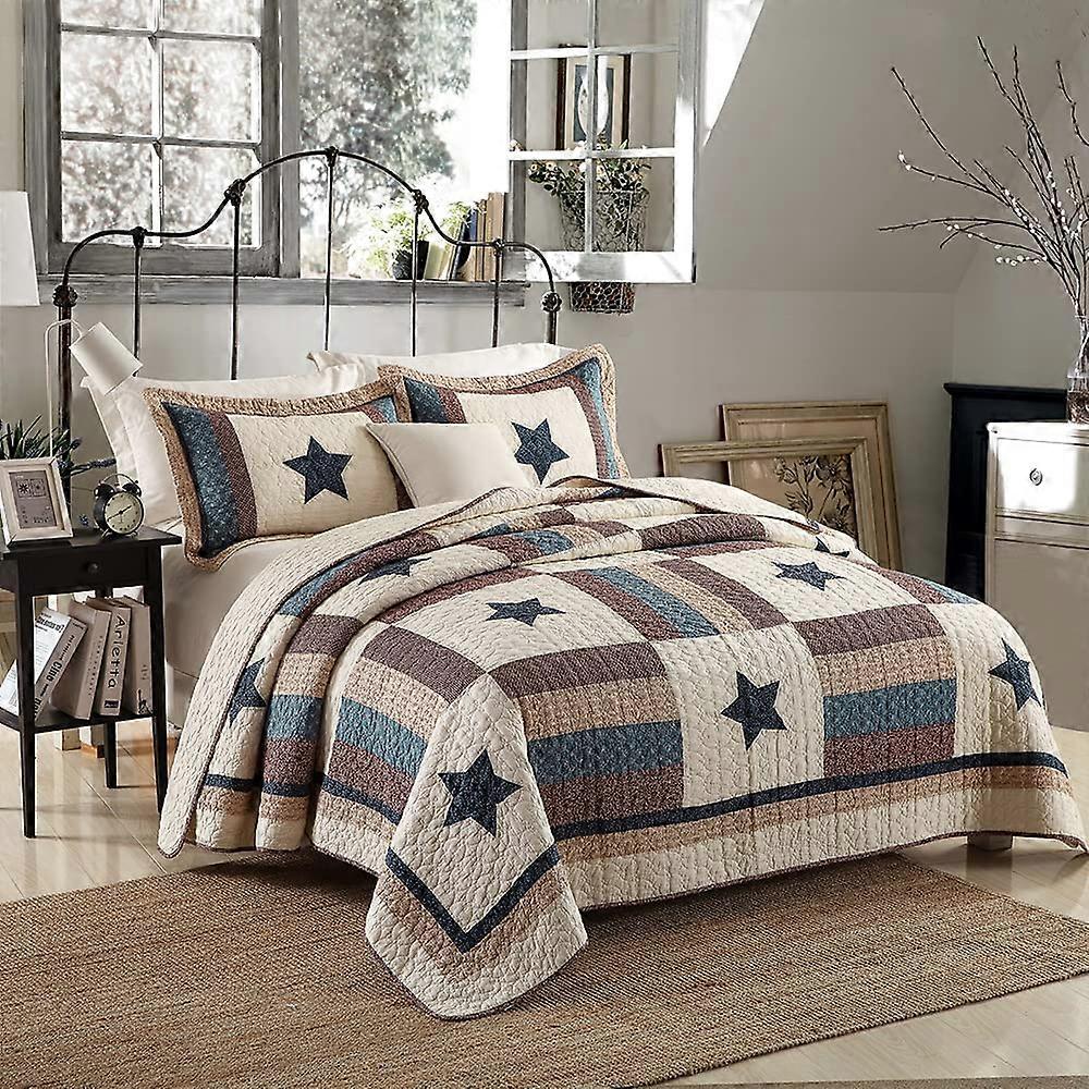 100% Cotton King Quilt Set  Reversible Patchwork Bedspread, Mediterranean Star Design, 3Piece King Size