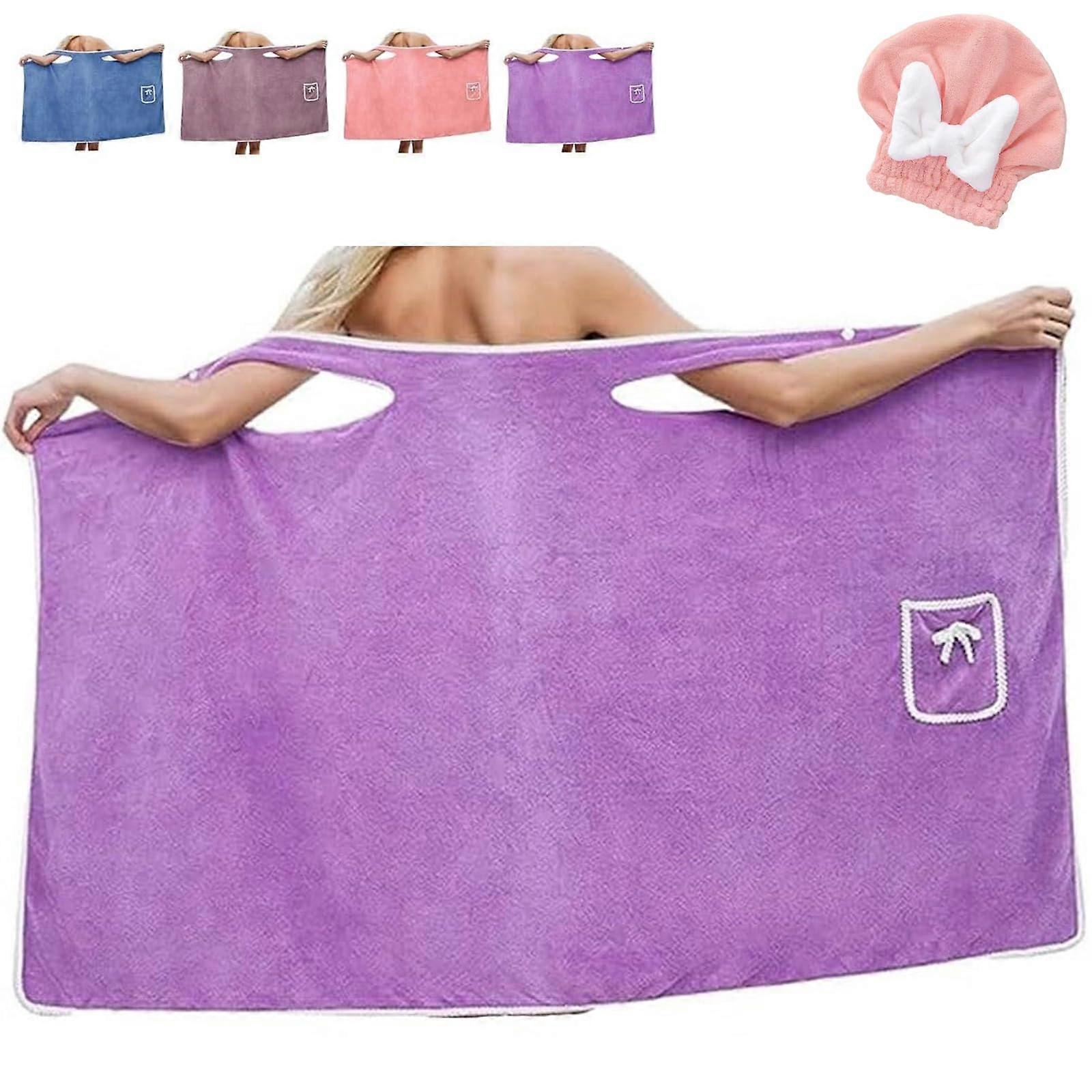 Plus Size Wearable Bath Towel Wrap for Women, Quick Dry Coral Fleece with TwoButton Closure, Fuchsia