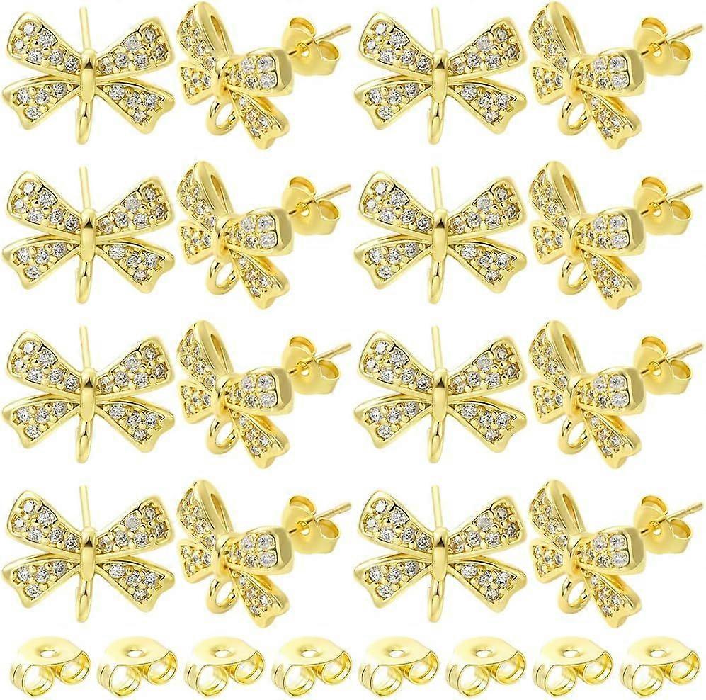 1 Box 10 Sets Real 18K Gold Plated Earring Posts with Loop Elegant Shiny Bowknot Cubic Zirconia Rhinestone Stud Earring Findings for Jewelry Making Ac