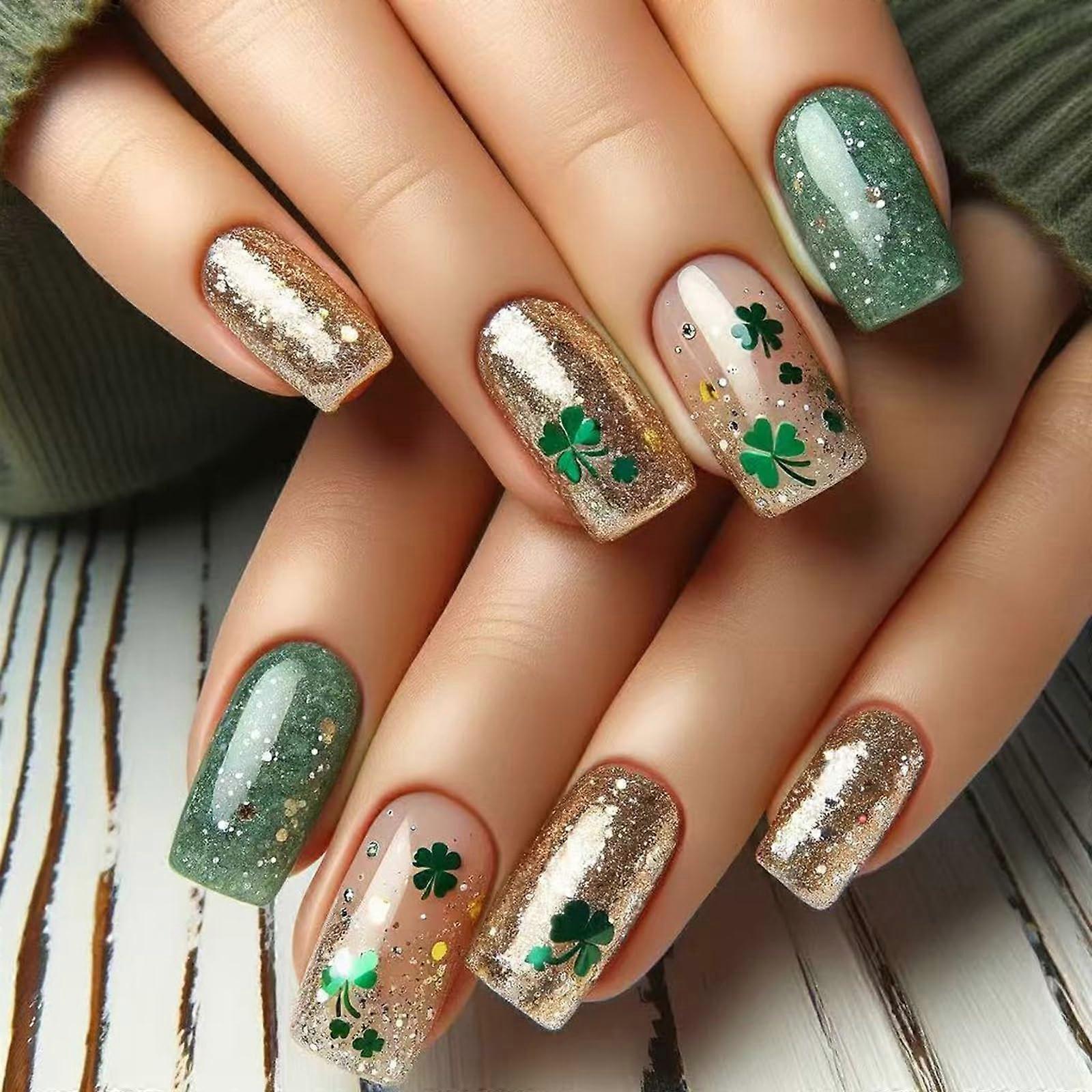 St. Patrick's Day Press On Nails Green Glitter Clover Design Medium Square Reusable Set 24PCS