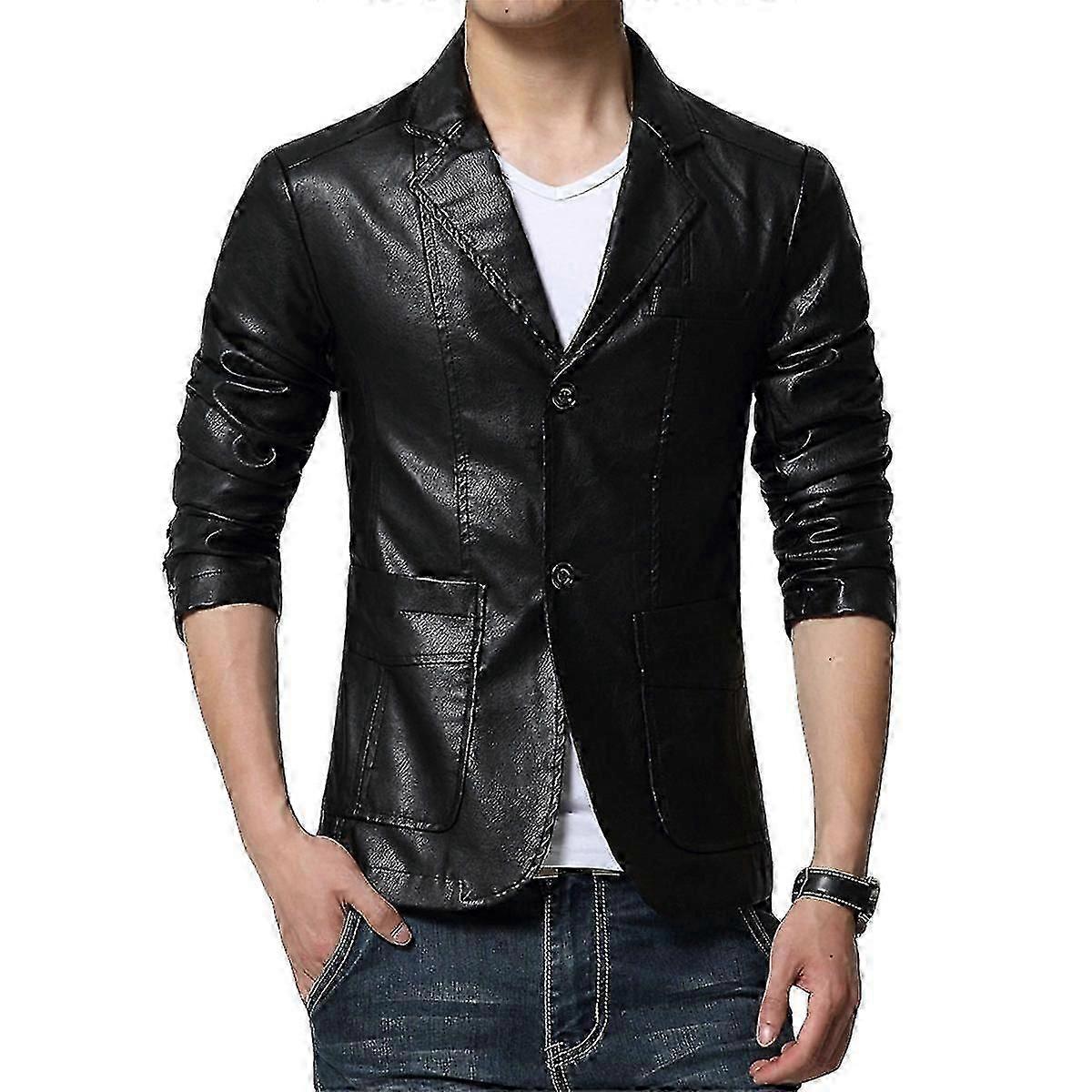 VAWAN Mens Casual Solid Color Lapel Slim Fit Leather Jacket