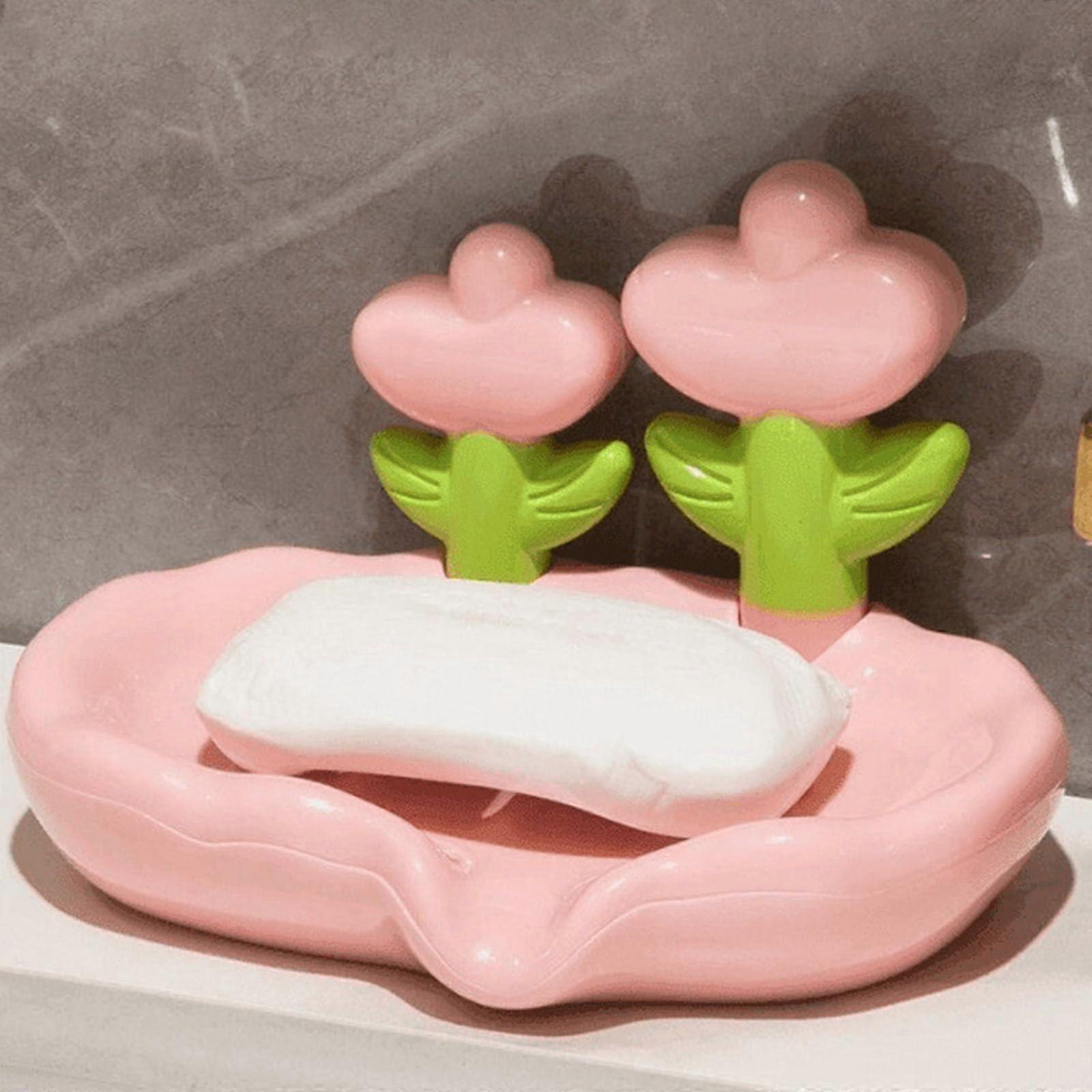 Flower Shape Self Draining Soap Holder, Rustproof Plastic Dish for Shower, Keeps Soap Dry (Pink)
