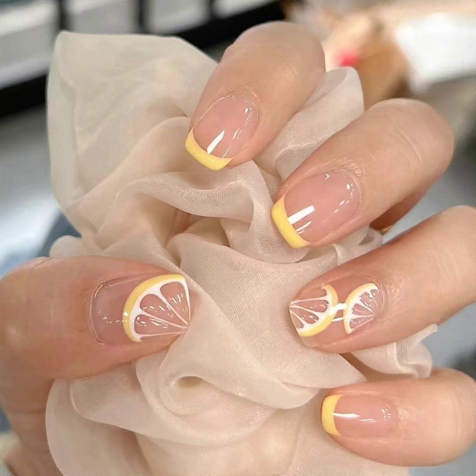 Lemon Yellow Press On Nails Set  Short Glossy Fruit Design Acrylic False Nails, 24pcs Complete Kit