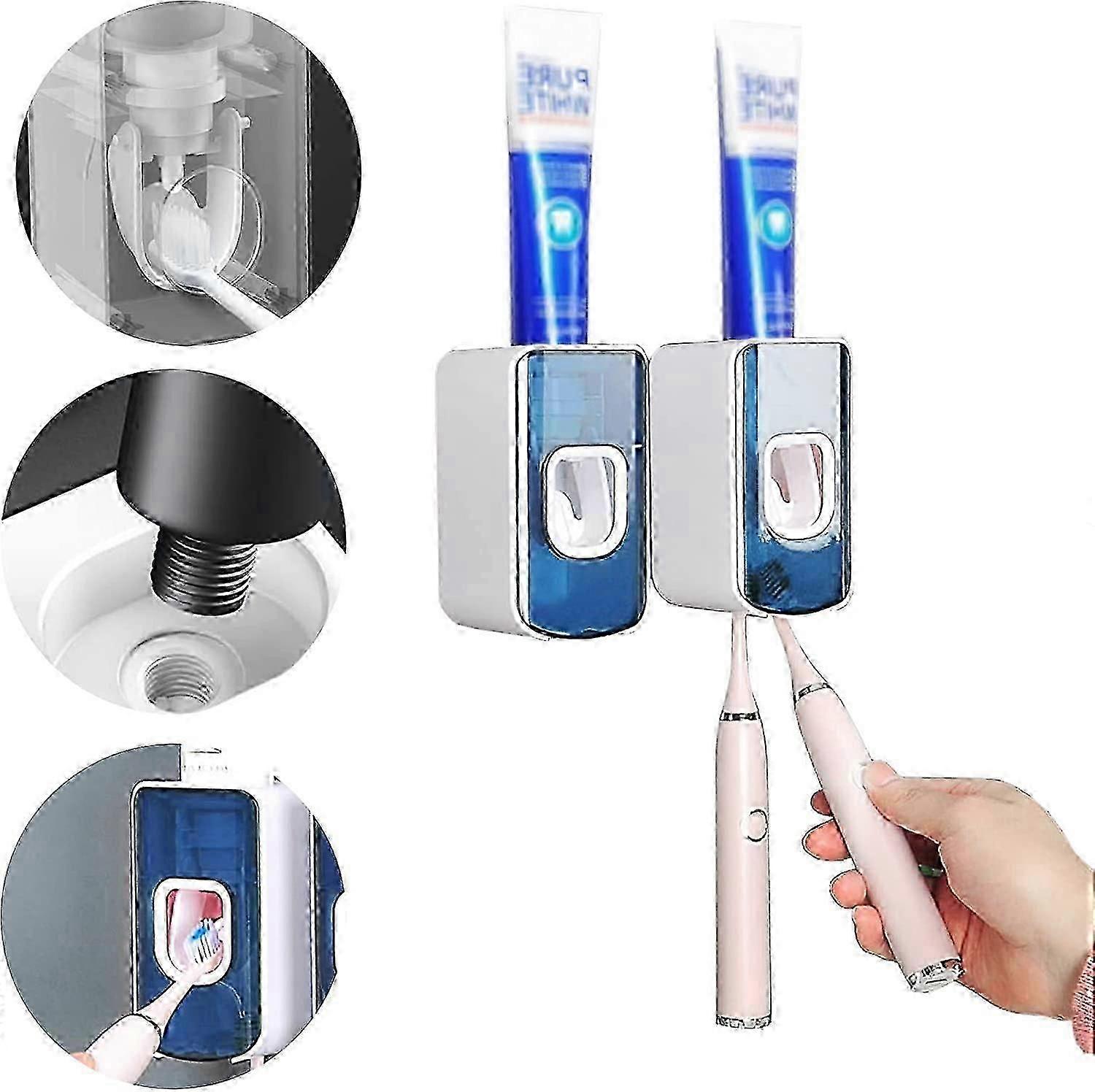 Toothpaste Dispenser Wall Mounted Bathroom Squeezer with Automatic Toothpaste Squeezer and 2 Toothbrush Holdersblue6.8*6.2*12cm