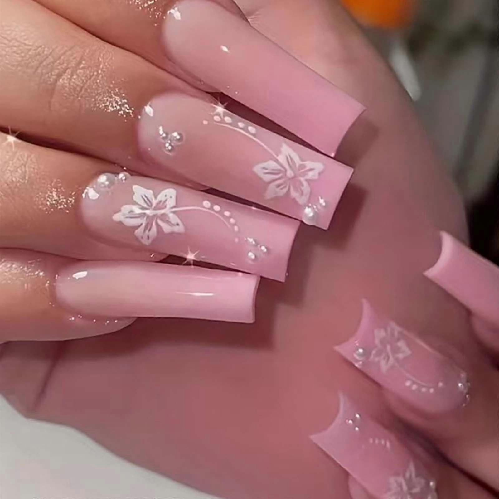 Flower Pearl Press On Nails Long Square Gradient