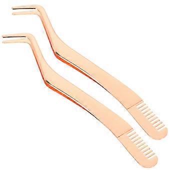 2Pcs Golden Eyelash Tweezers Stainless Steel Applicator Tool for Makeup