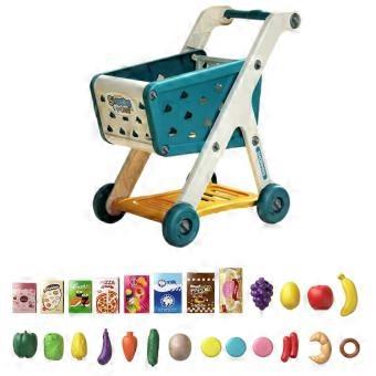 Kids Shopping Cart Toy with 25 Fruit Vegetable Food Accessories Role-Playing Mini Shopping Trolley