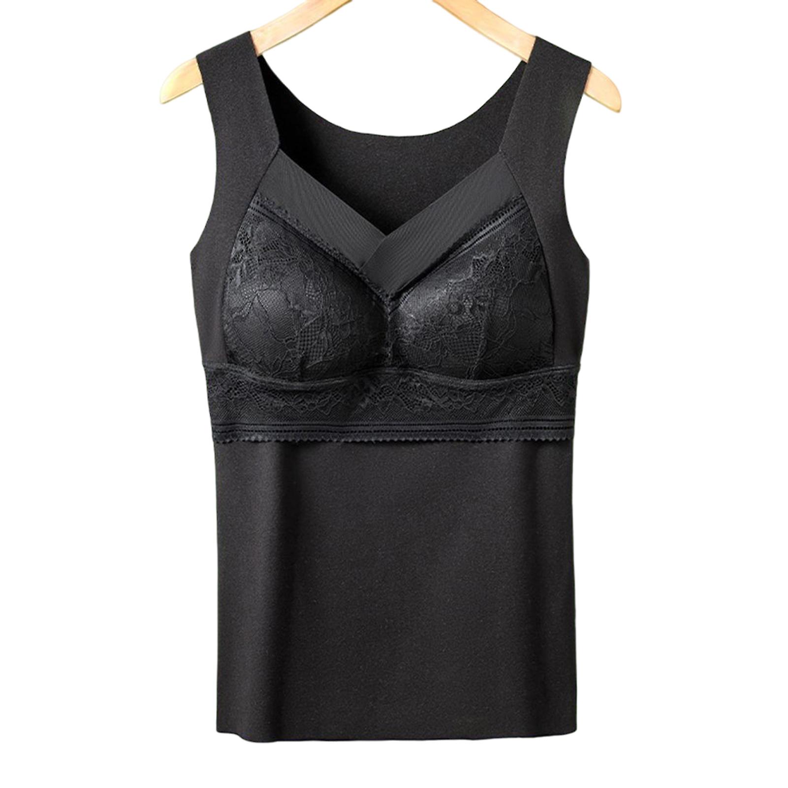 Women's Thermal Inner Fleeces Sleeveless Undershirt Built-in Bra Thermal Vest V Neck Intimate Tops for Autumn Winter