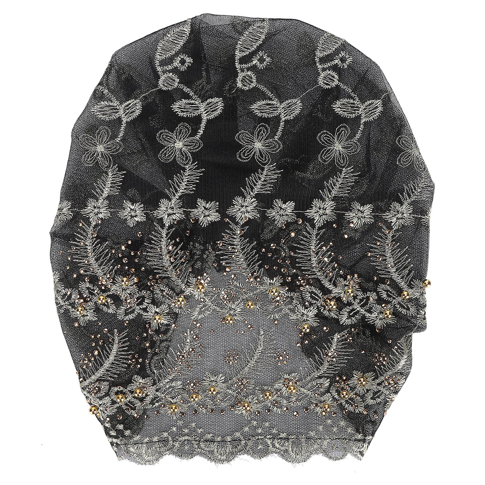 Turban Head Wraps Stylish Elegant Embroidered Feather Style European Retro Hat for WomenBlack