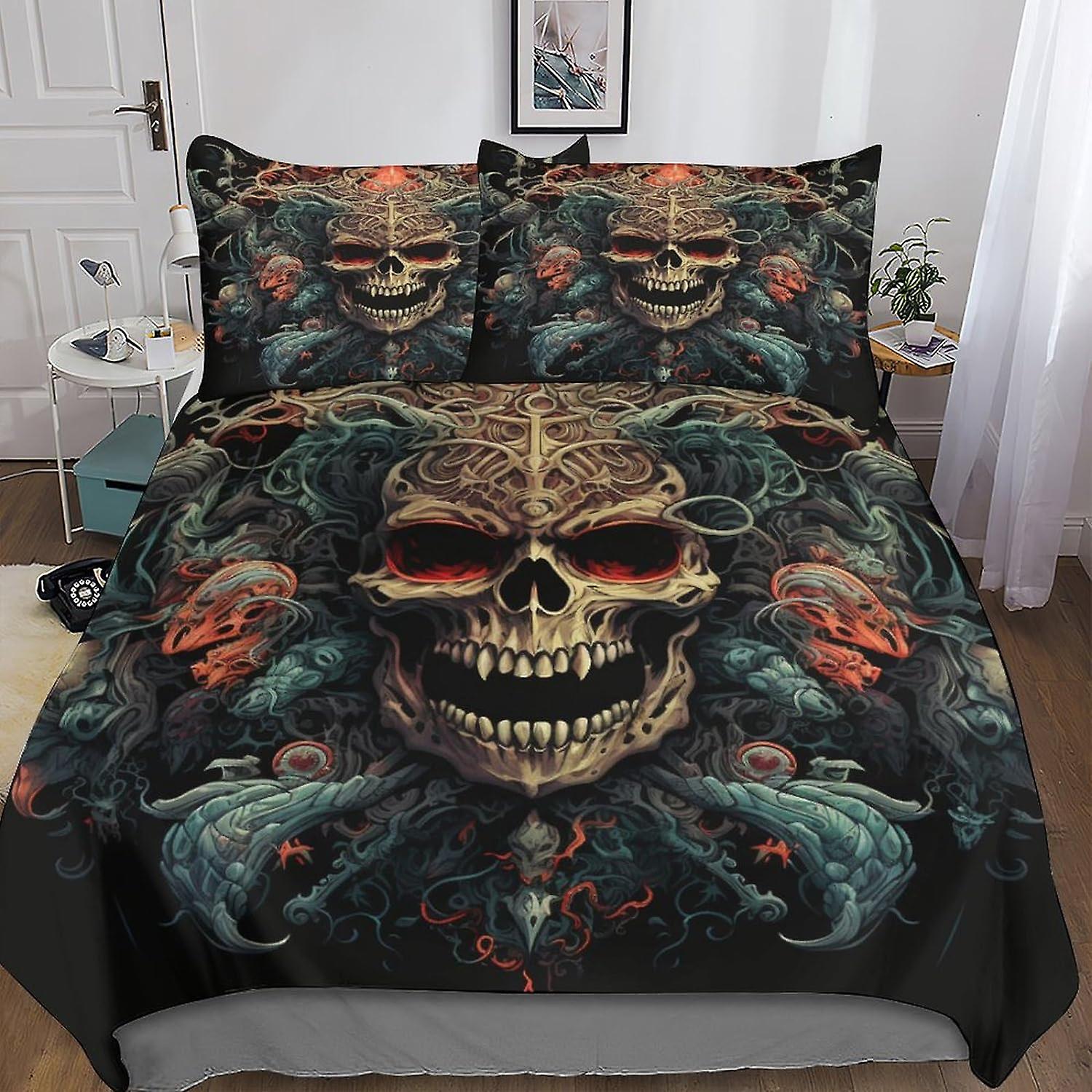 VCLUST Blumen Totenkopf Bettbezug Set 3D Bettwäsche Set böse Skelett Bettdecke Abdeckung Set Tagesdecke Abdeckung Mikrofaser 3-teiliges Set Bettbezug mit Reißverschluss C