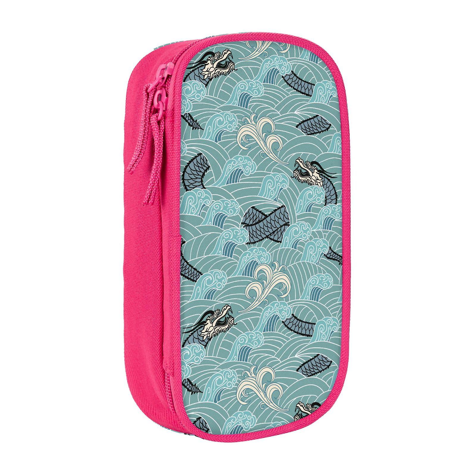 Large Storage Pencil Case, Vector Dragon Waves Pattern with Zipper Large Capacity Pen Bag
