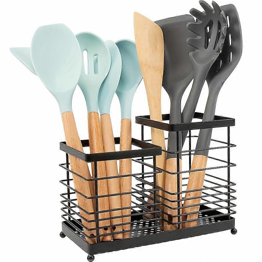 Kitchen Countertop Utensils Holder, Kitchen Storage Rack, 2-in-1 Scoop Spatula Holder, Large Wire Utensils Storage Box, Black Cooking Tool Rack Storag