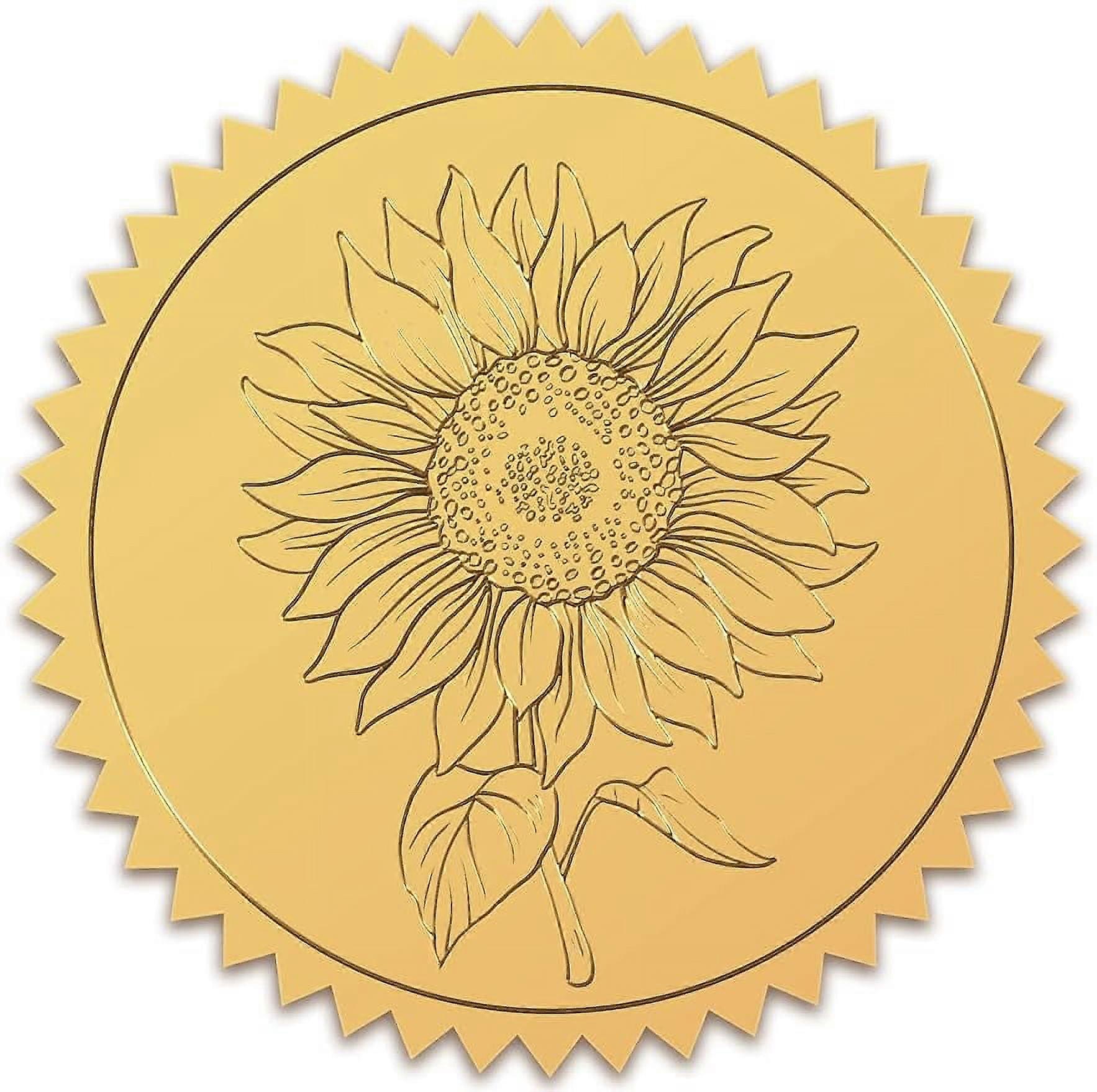 100pcs Gold Foil Certificate Seals Sunflower Embossed Gold Certificate Seals 2" Round Self Adhesive Embossed Stickers for Wedding Invitations Party Fa