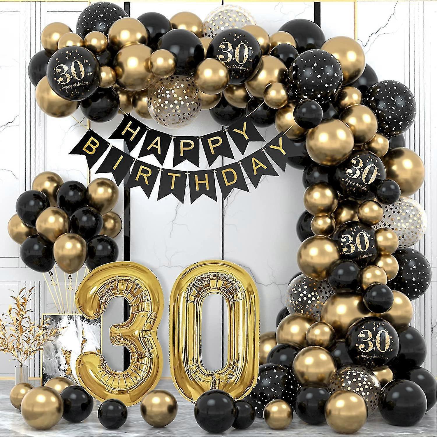 30 عيد ميلاد الزينة الذهب الأسود بالونات إكليل قوس كيت، 30 النساء الرجال عيد ميلاد سعيد راية البالونات حزب اللوازم الخلفية ديكور