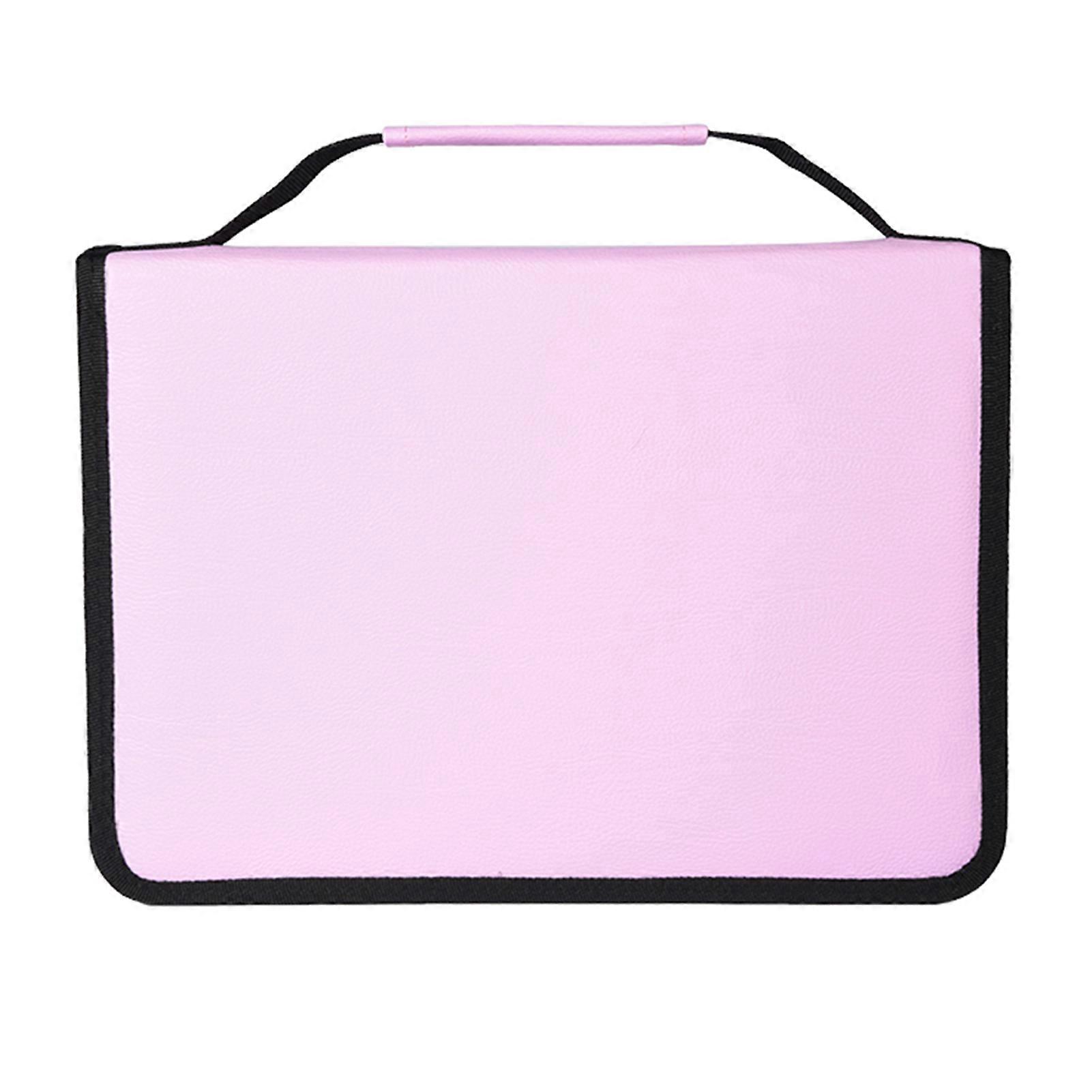 Large Capacity PU Leather Fabric Pencil Case Zipper Pen Bag Long Handle (Pink)